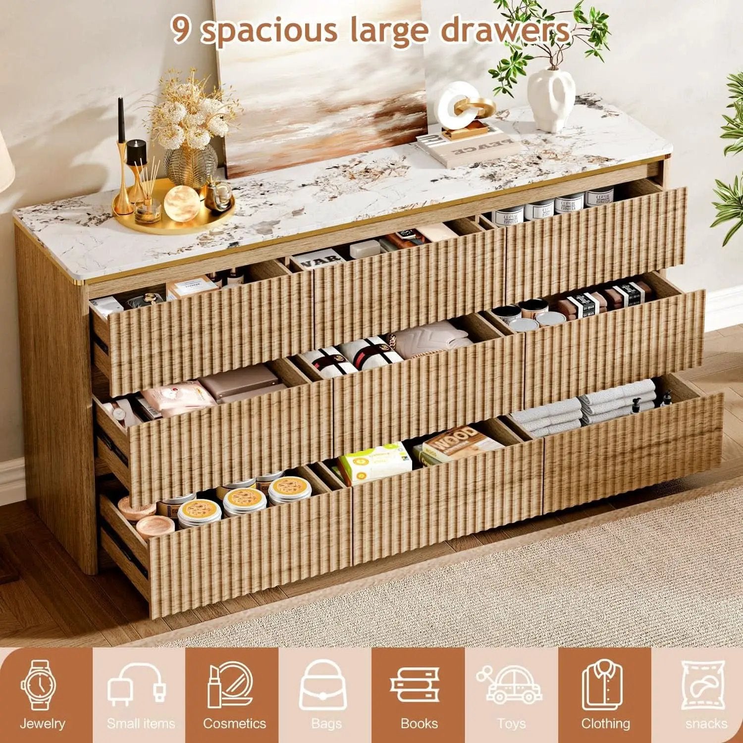 9 Drawer Dresser Chest With PolishedMarbleTabletop from PriceLows™