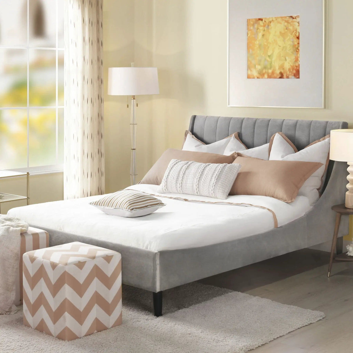 Aspen Vertical Tufted Modern Headboard Platform Bed Set | 8 Pieces | Fabric & Plywood | Bedroom
