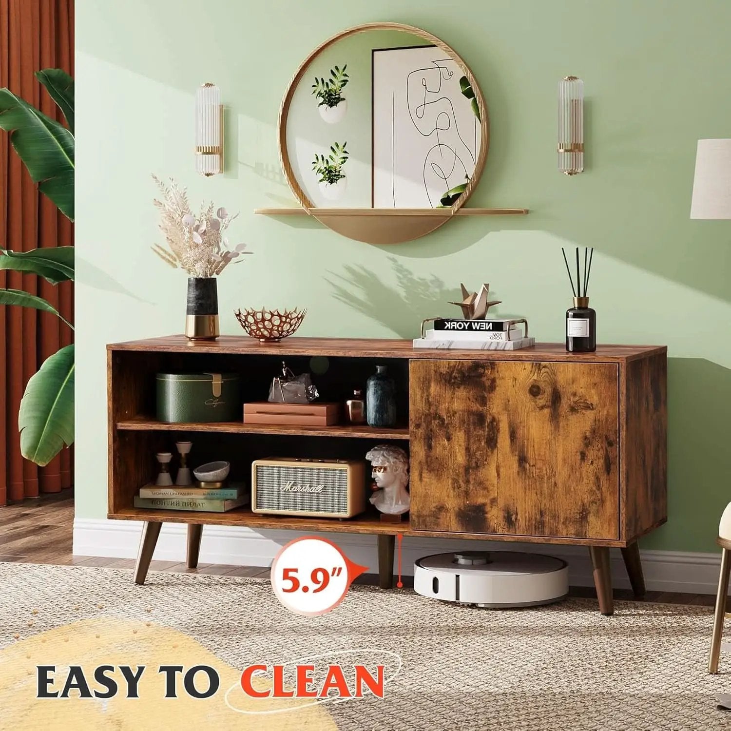 Mid Century TV Stand for 55 Inch TV Brown Wood Entertainment Center With Storage from PriceLows™