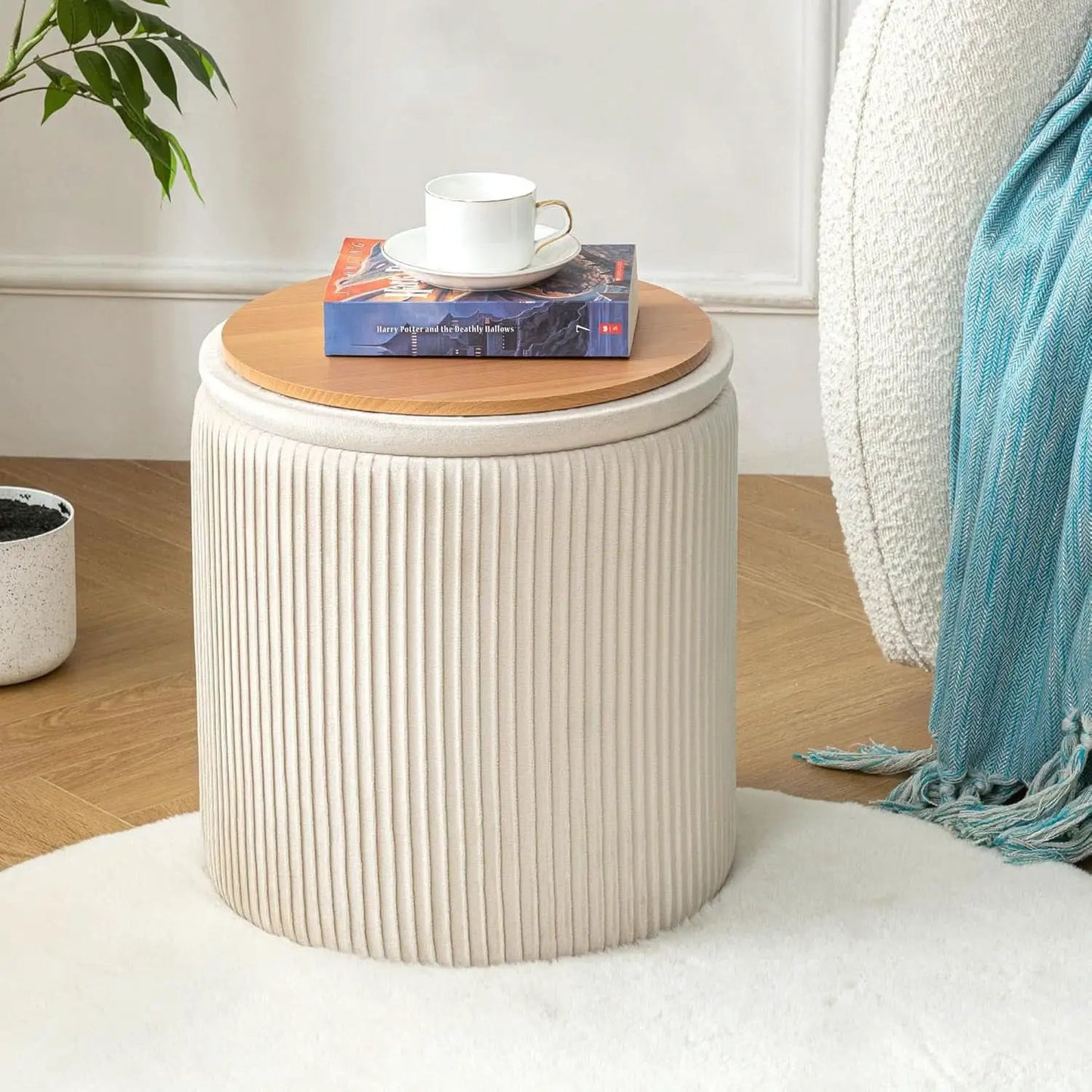 Beige Velvet Storage Ottoman With Hidden Compartment from PriceLows™