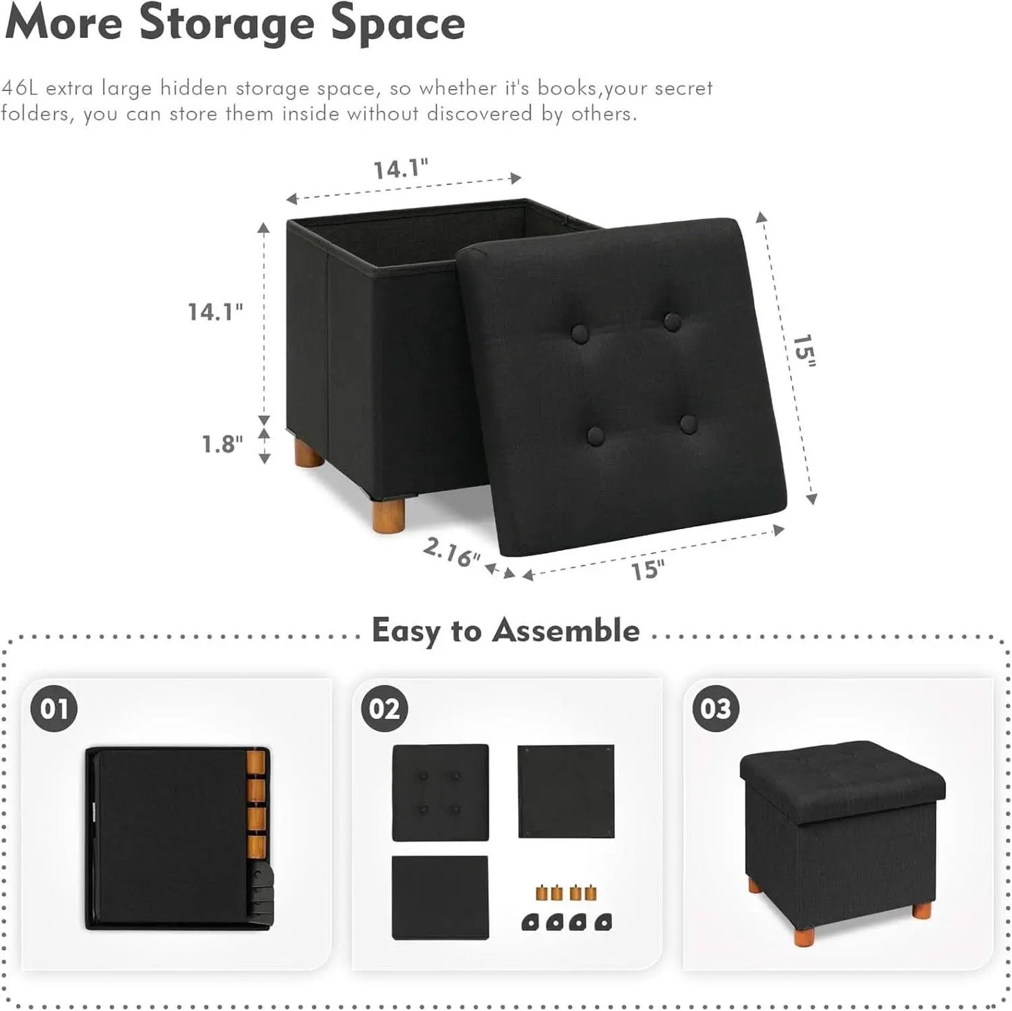 Black Linen Premium Storage Cube Ottoman Tray 15Inch from PriceLows™