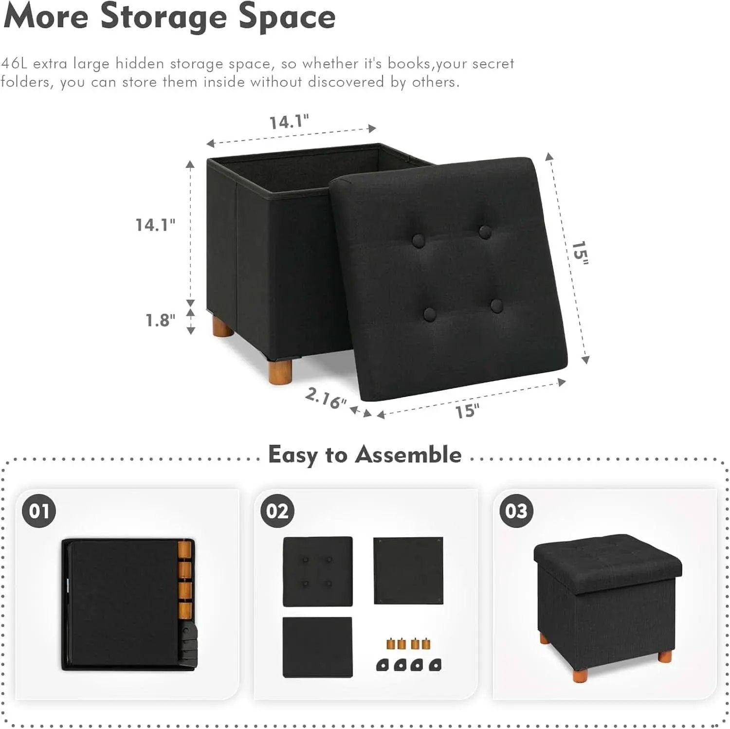 Black Linen Premium Storage Cube Ottoman Tray 15Inch from PriceLows™