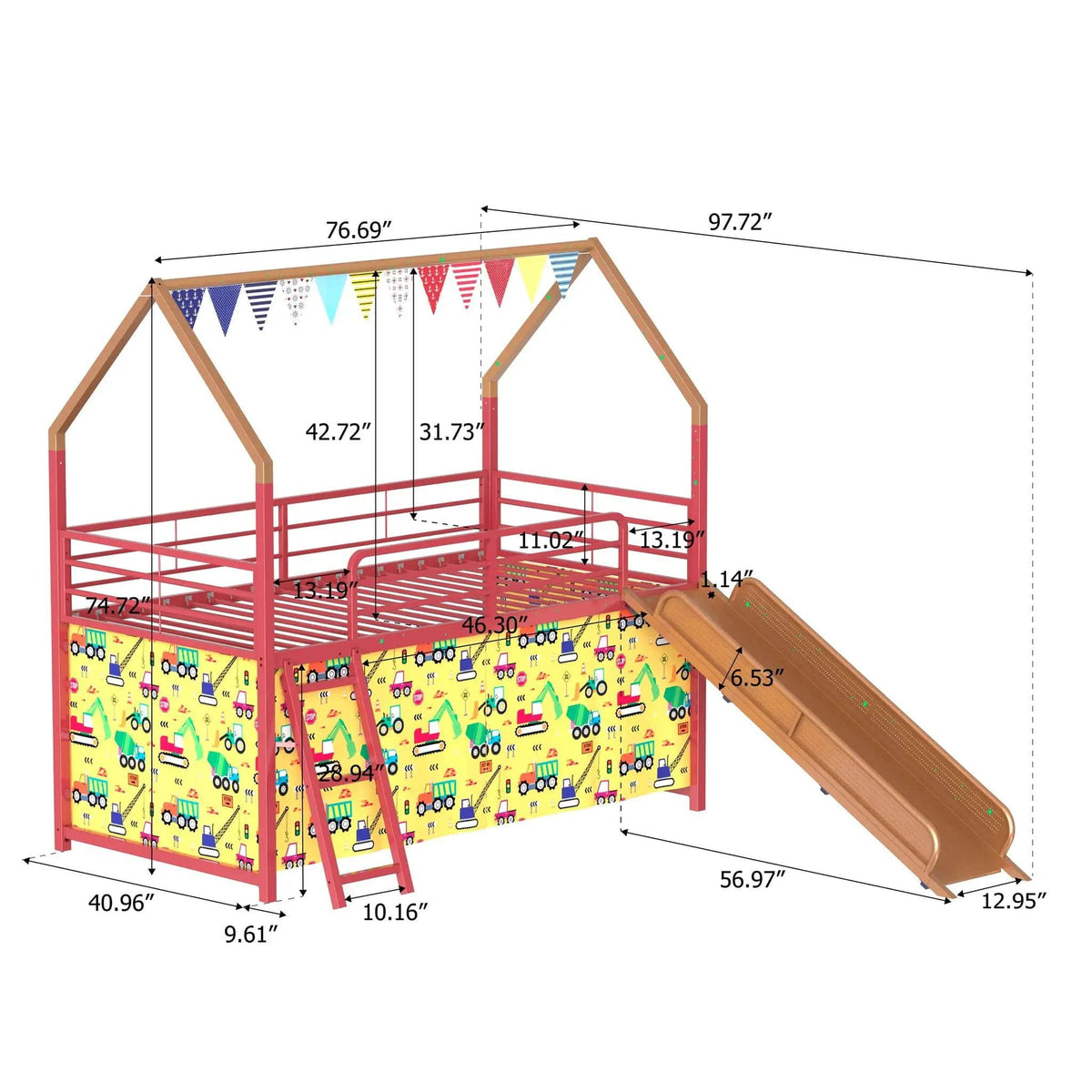 Jack House Loft Bed With Slide And Curtain Set | 5 Pieces | Metal | Bedroom