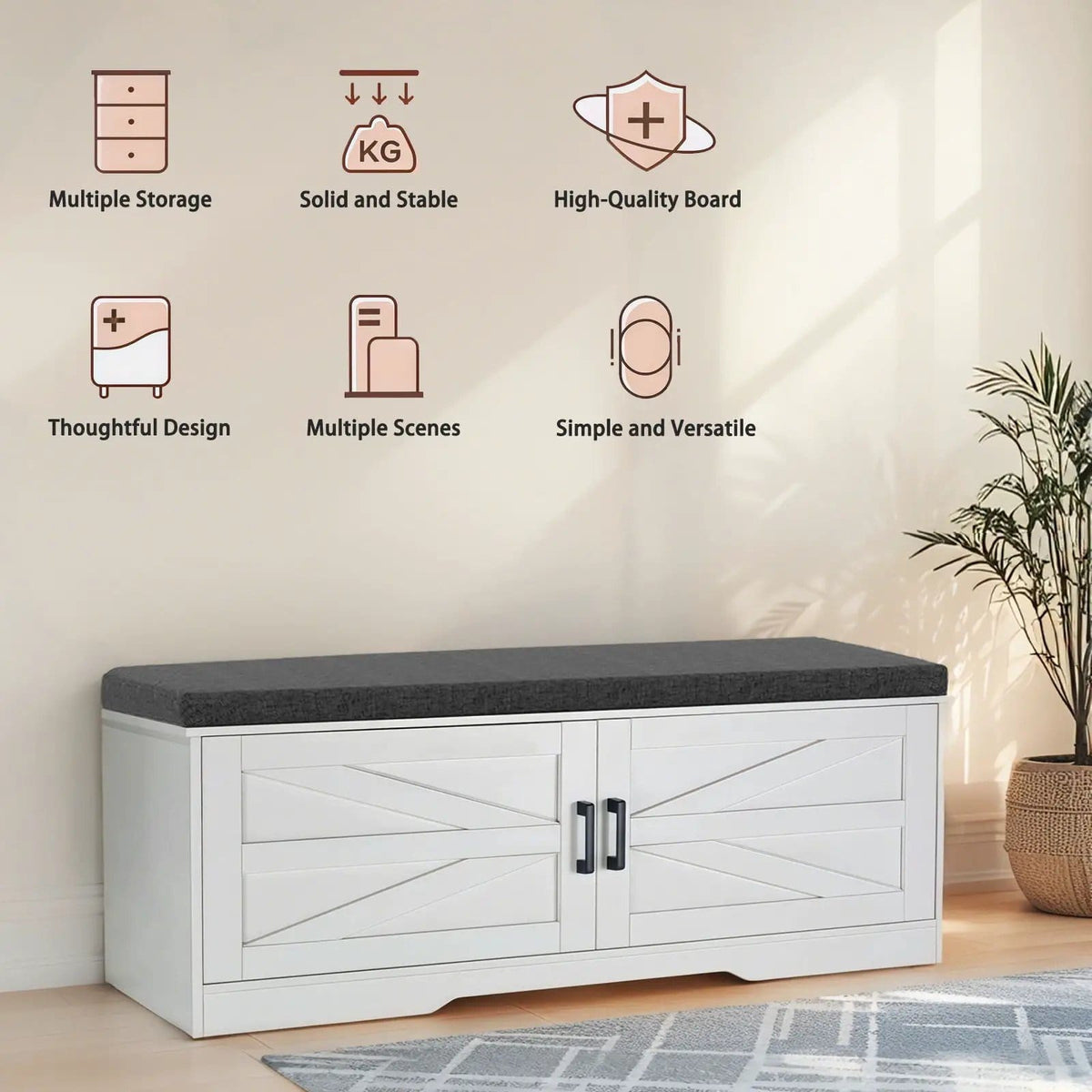 2 Tier Shoe Bench With Padded Seat, 2 Barn Doors And Adjustable Shelves, For | 39.4 x 13.75 x 17.72 in | 2-Tier | White