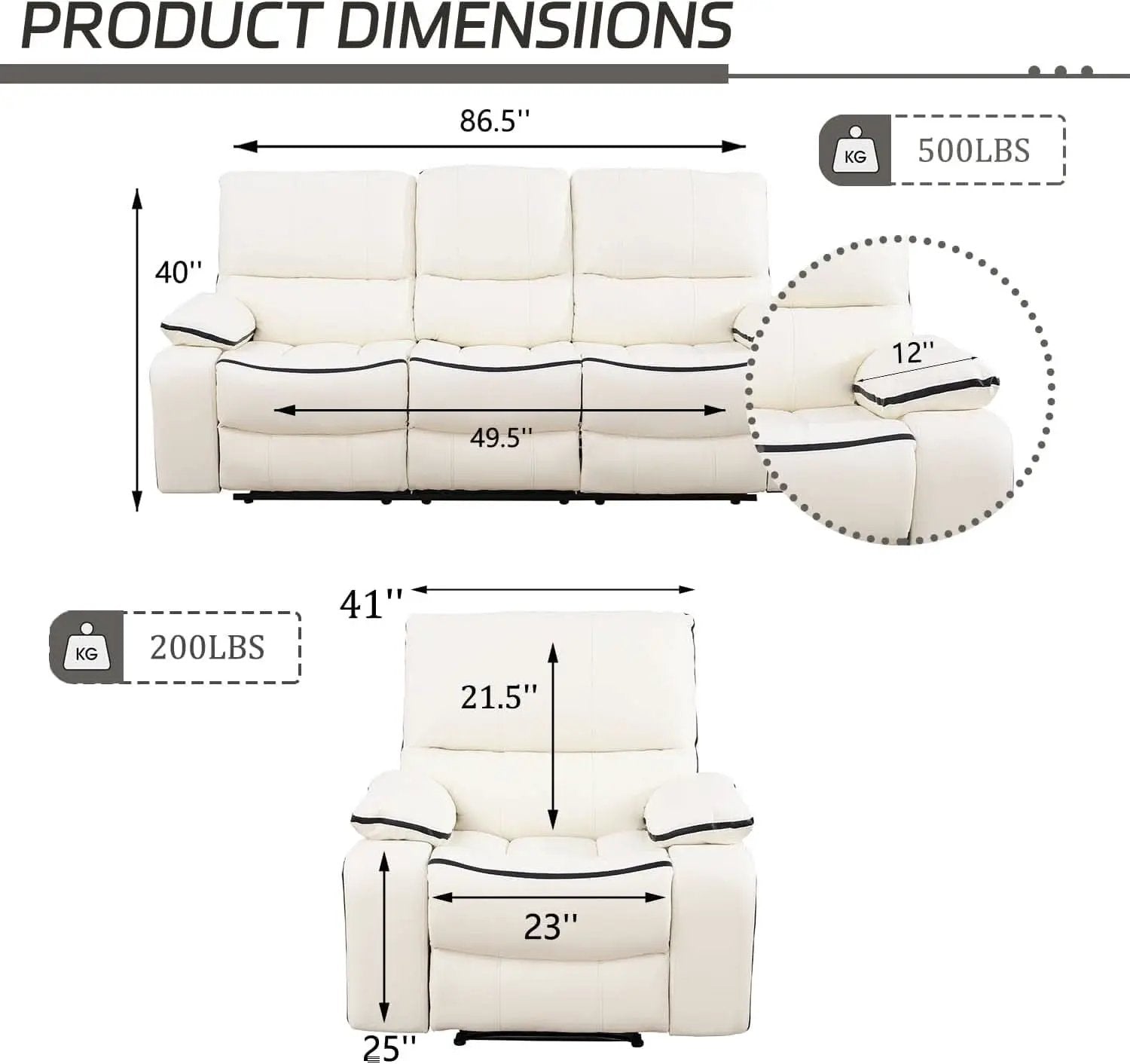 Cream White Bonded Leather Recliner Sofa Set With Manual Recliner from PriceLows™