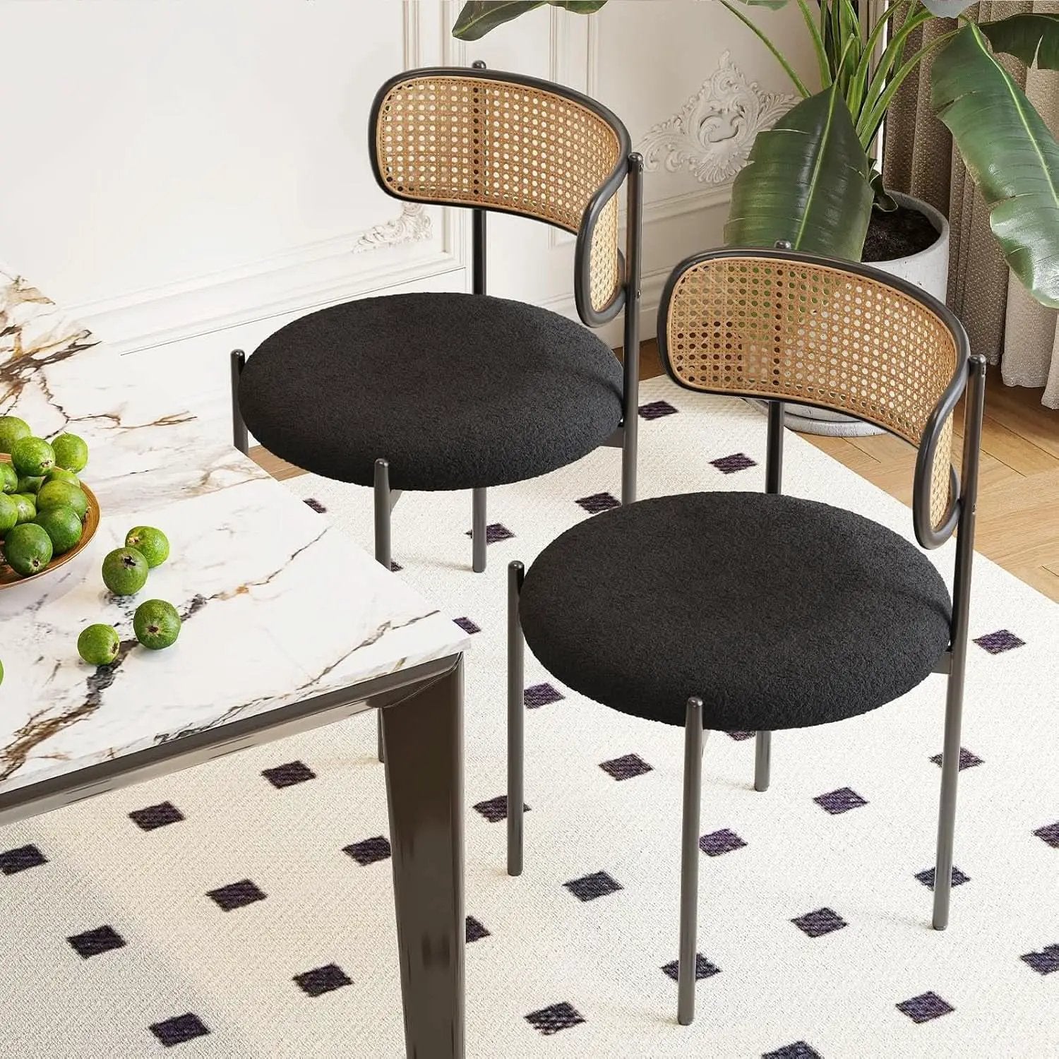 Set Of 4 Dining Chairs Mid Century Modern Rattan Back Upholstered Sherpa Black from PriceLows™