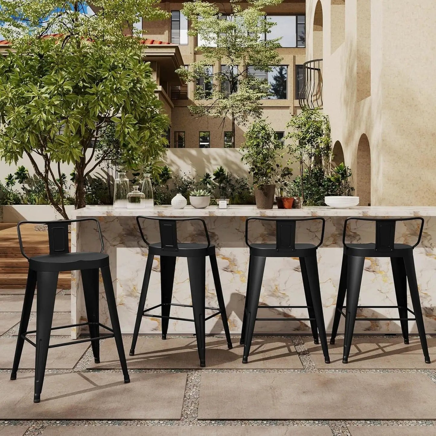 24 Inch Black Outdoor Metal Bar Stools Set of 4 Counter Height Large Ergonomic Seats from PriceLows™