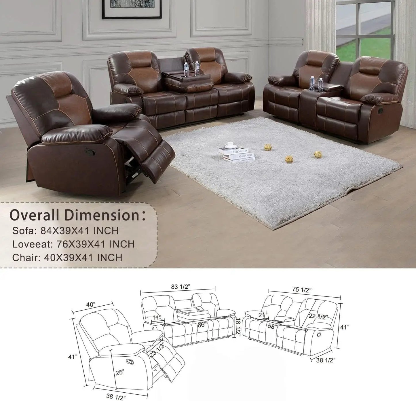 Manual Recliner Sofa Set Bonded Leather With Storage Console Brown 3 Piece from PriceLows™