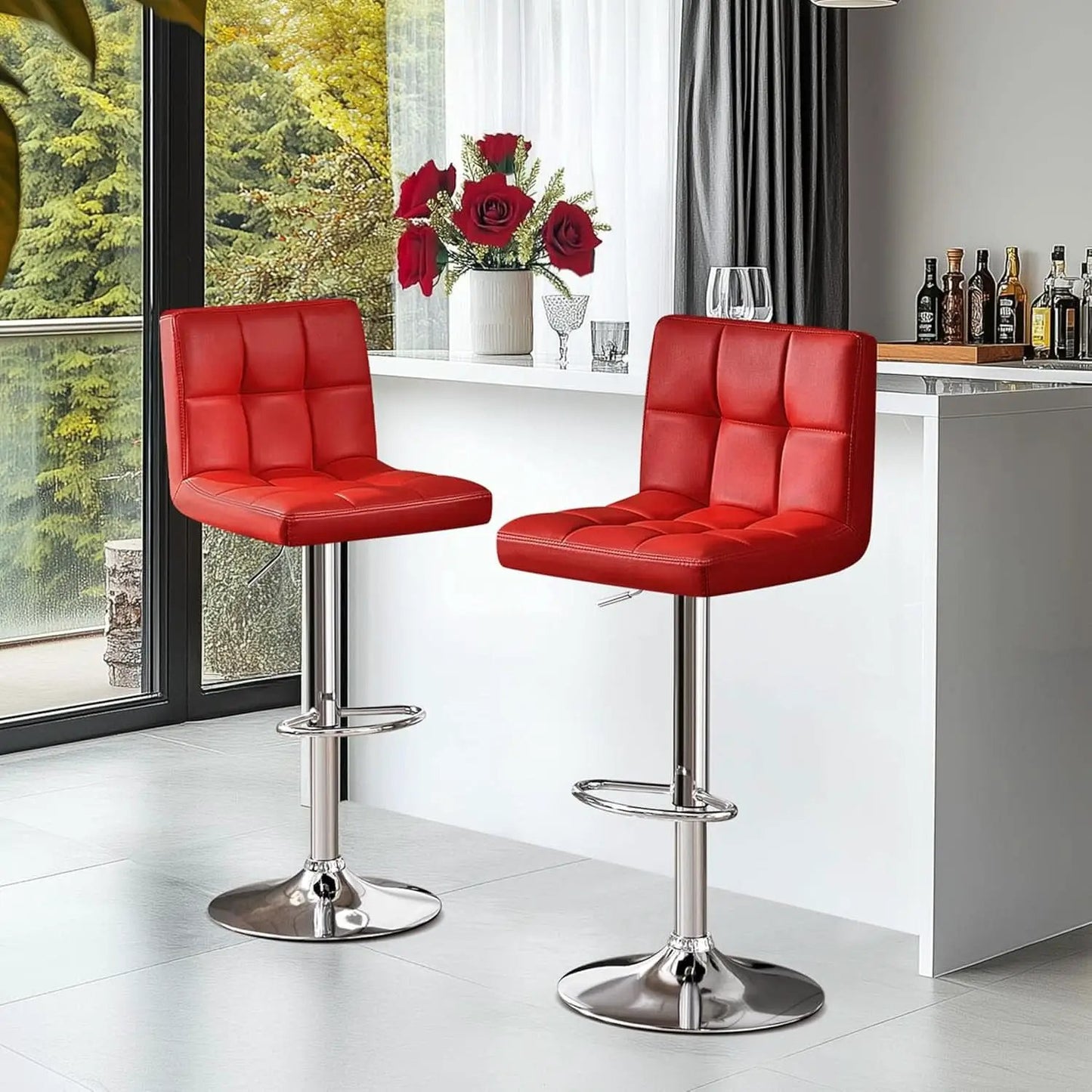 Red Adjustable PU Leather Swivel Bar Stools Set Of 2 from PriceLows™