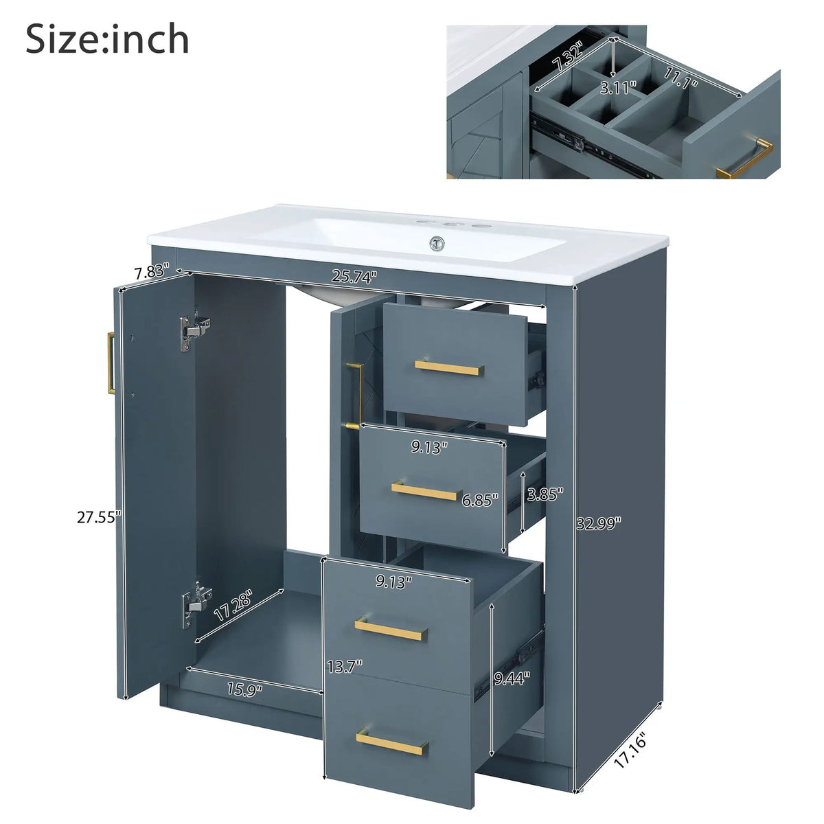 30 Inch Bathroom Vanity | Freestanding Set | 3 Drawers | Solid Wood Frame