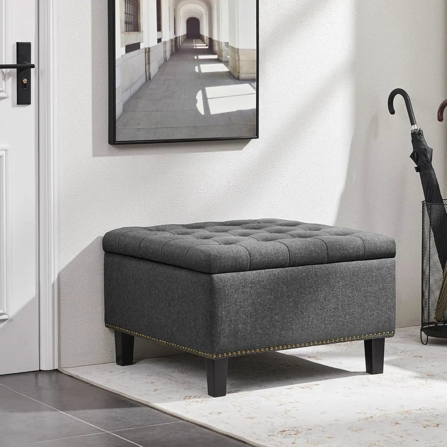 28 Inch Entryway Ottoman Bench Charcoal With Storage from PriceLows™