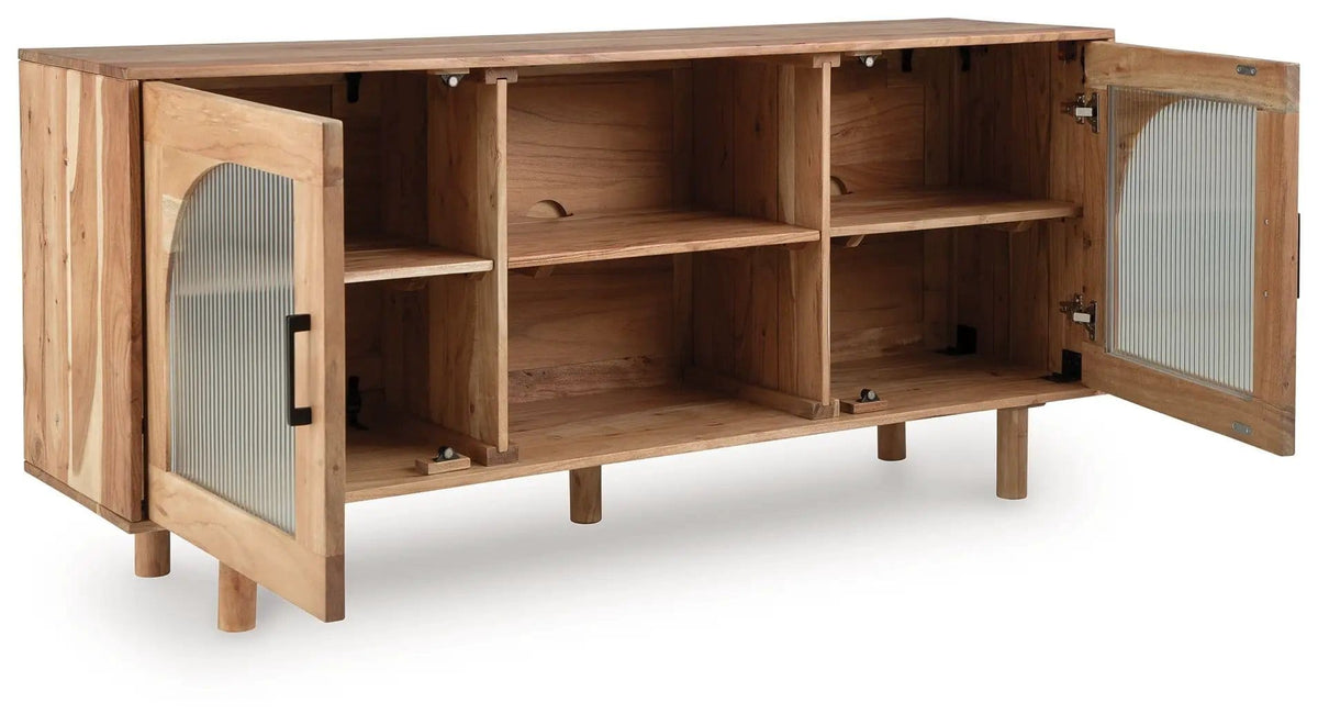Adway Accent Cabinet | 64.13 x 16.13 x 29.88 in | Acacia Wood & Glass | Natural Brown