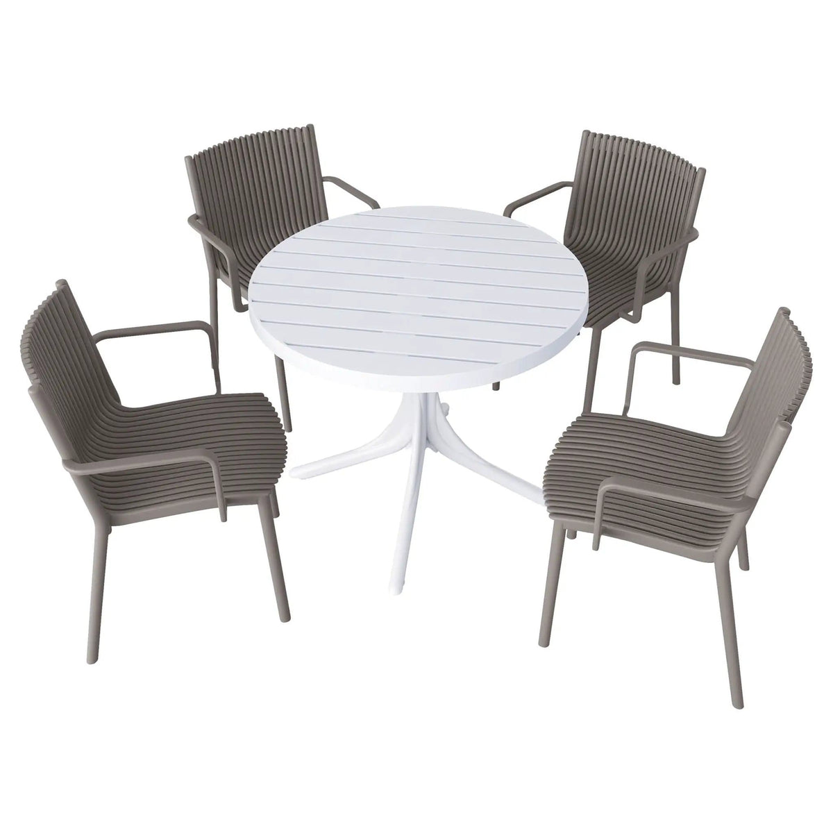 4 Modern Stackable Plastic Armchair Matched With Round Table 5 Piece Outdoor Set | 5 Piece Outdoor Set | Outdoor Living Furniture | Outdoor Living