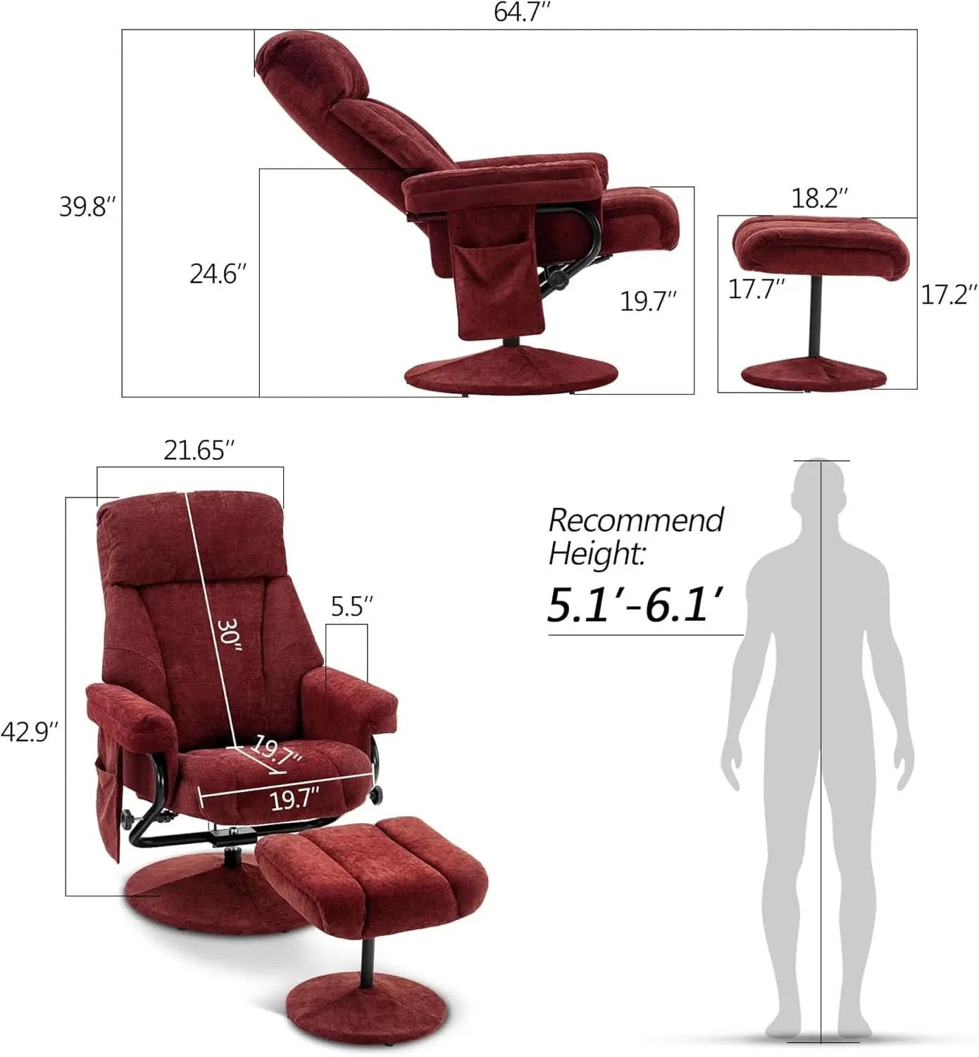 Burgundy Swivel Recliner With Ottoman Massage For RV from PriceLows™