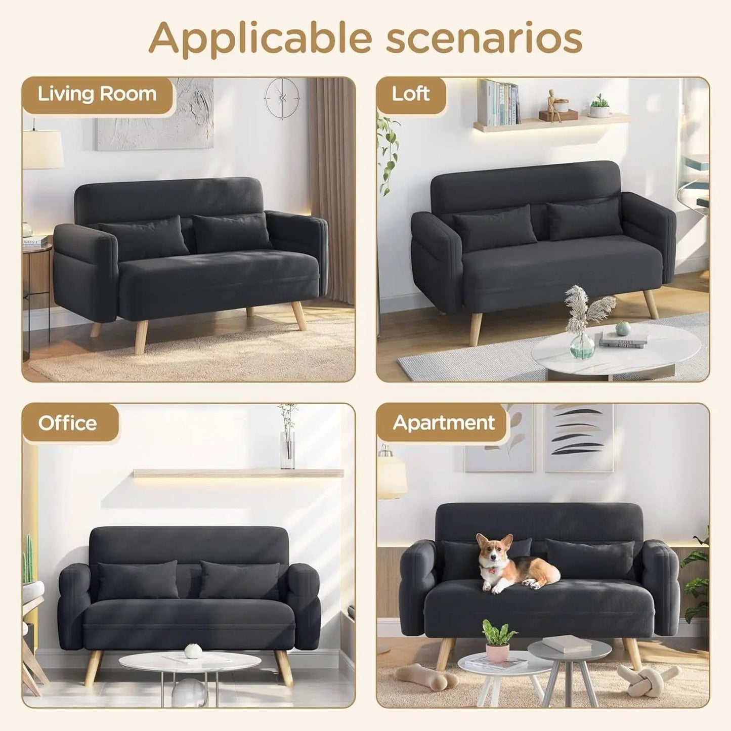 46-Inch Small Modern Fabric Loveseat Dark Gray Solid Wood Legs from PriceLows™