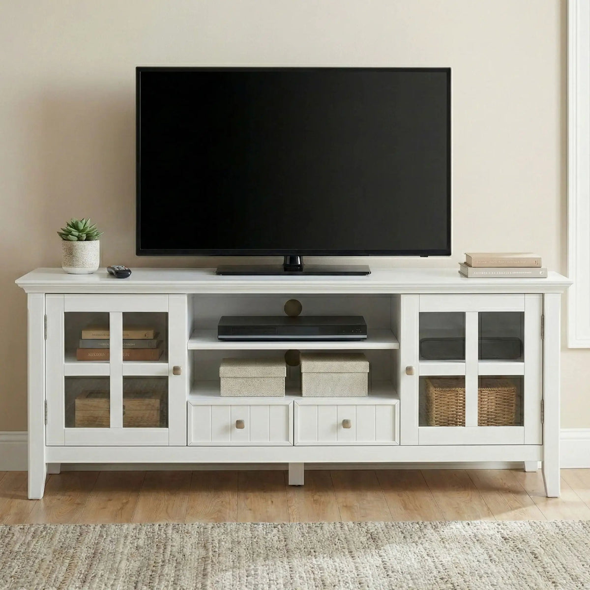 Acadian TV Media Stand | Handcrafted Solid Wood | 2 Bottom Drawers | Tempered Glass Side Cabinets