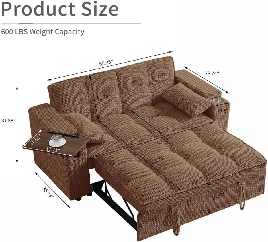 65 Inches Durable Convertible Sleeper Sofa ChocolateBrown from PriceLows™