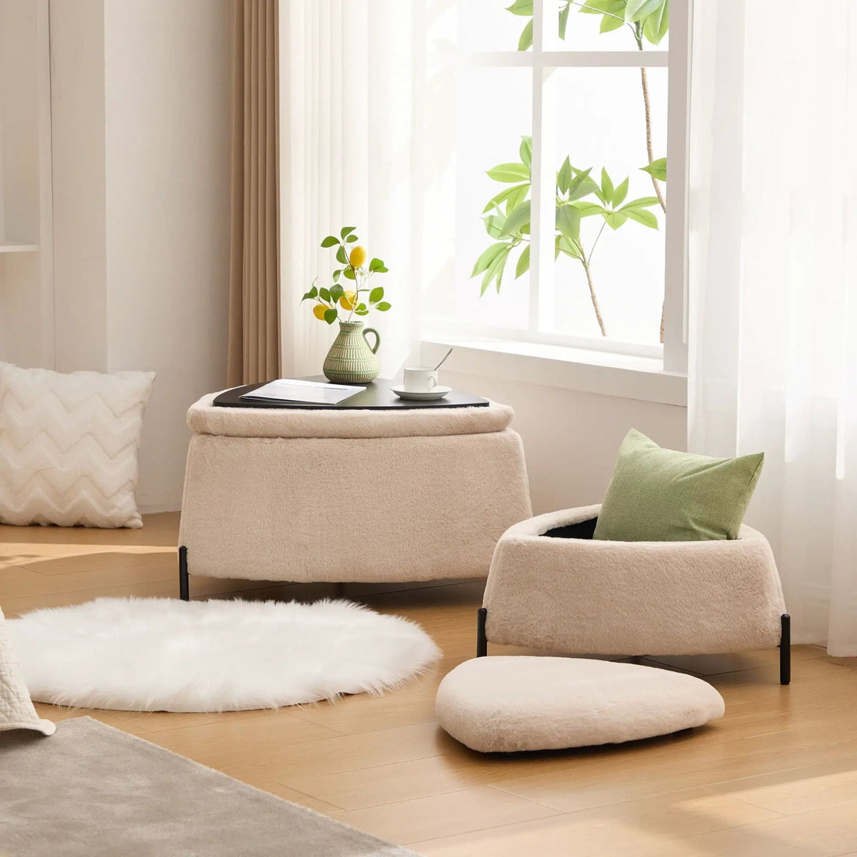 Storage Ottoman Set | Upholstered Faux Fur | Reversible Lid | Solid Wood Frame
