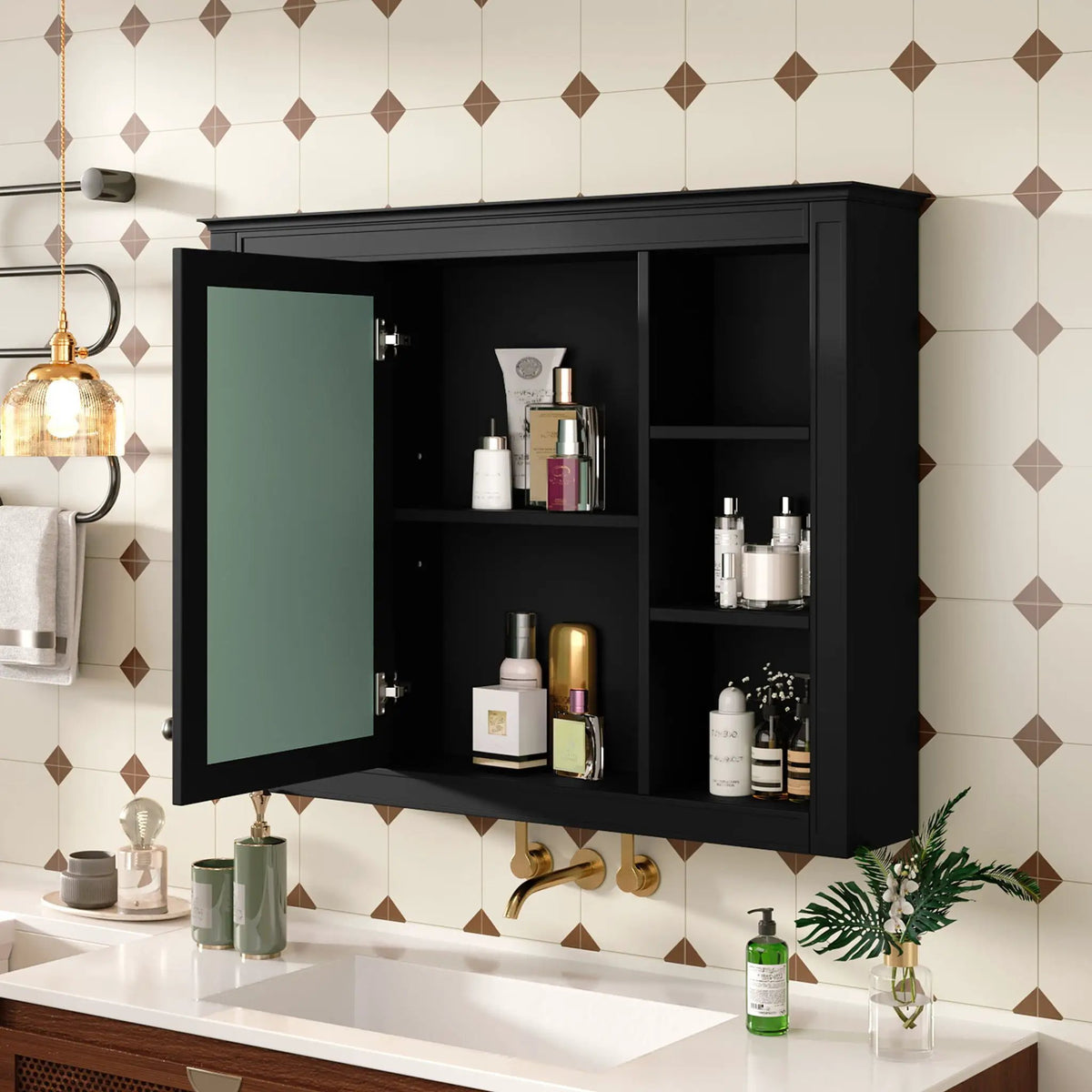 Wall Mounted Medicine Cabinet | Adjustable Interior | 6 Open Shelves