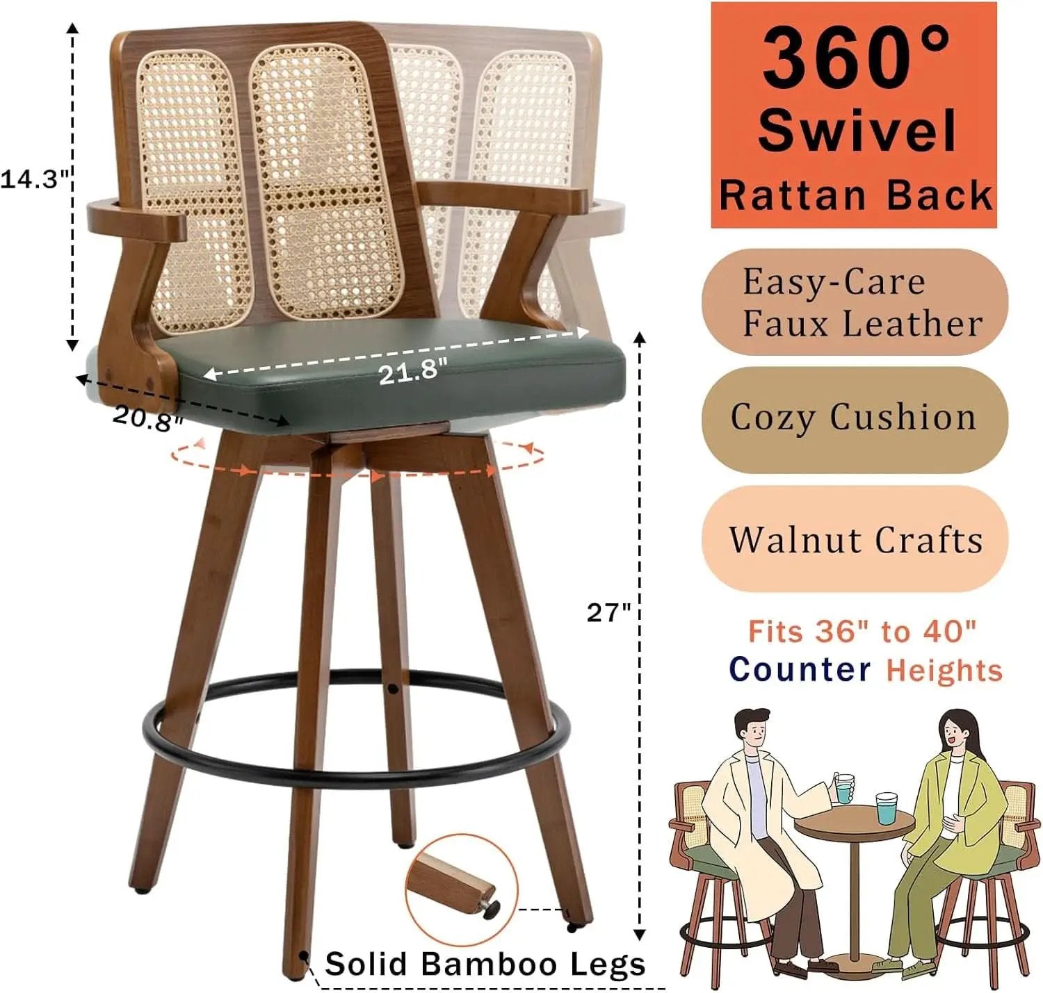 Swivel Counter Stools Set of Two with Rattan Back from PriceLows™