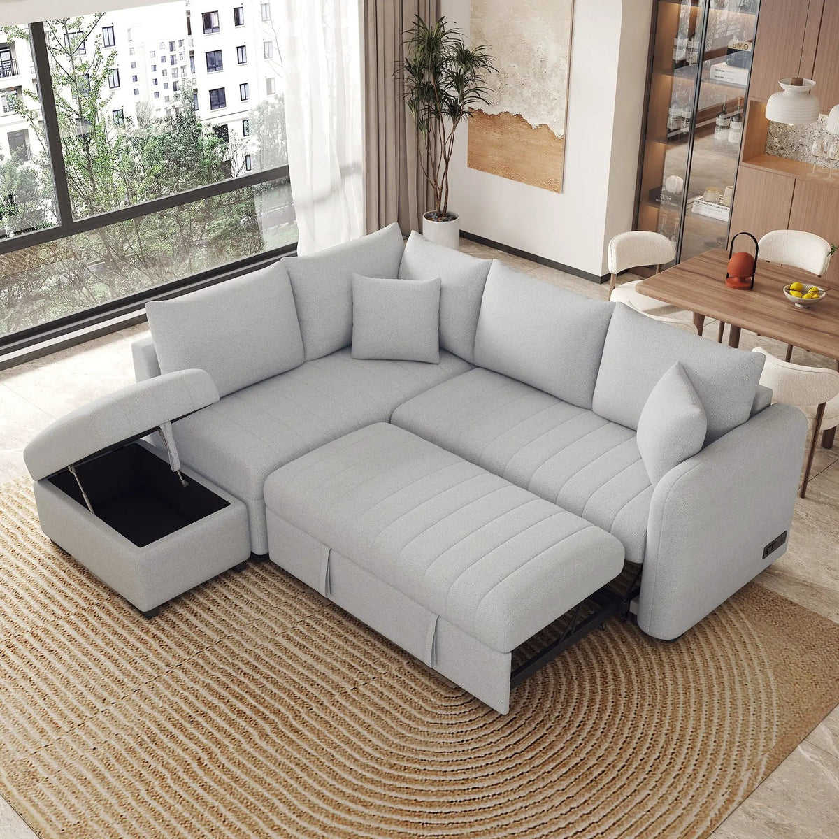 L Shaped Sectional Sofa Bed | USB Ports | Power Sockets | Storage Ottoman