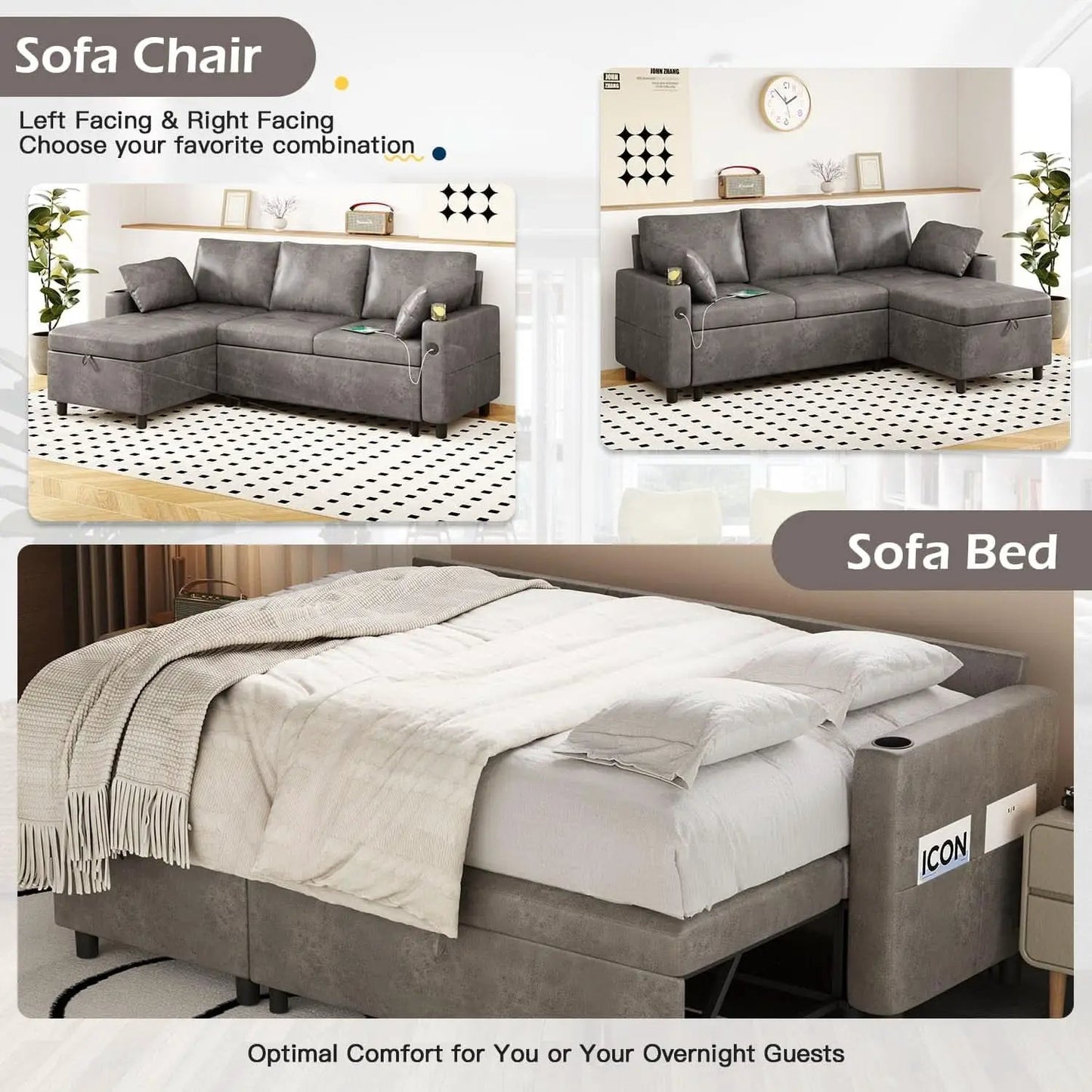 Charcoal Gray Sleeper Sofa With Reversible Storage Chaise from PriceLows™