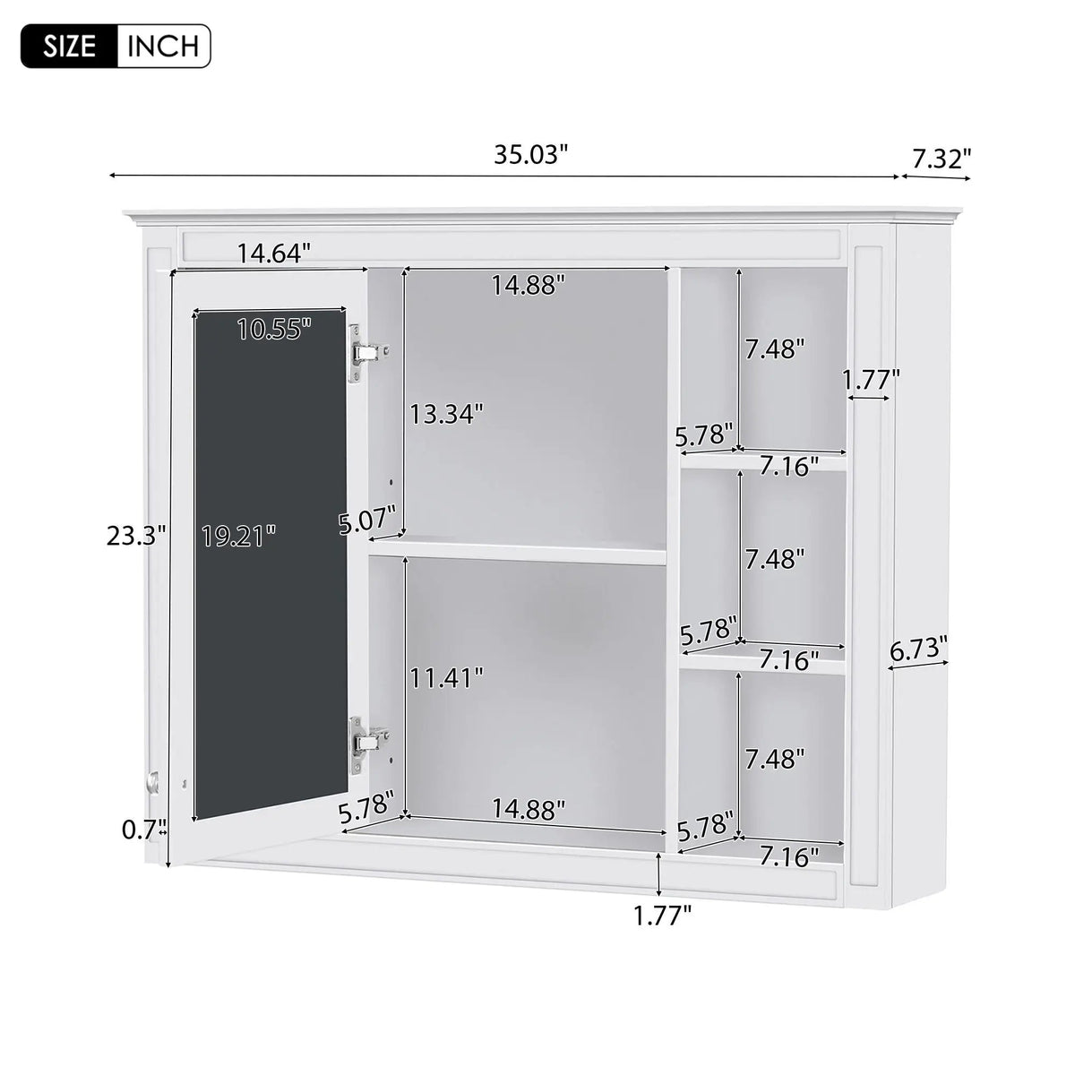Wall Mounted Medicine Cabinet | Adjustable Interior | 6 Open Shelves