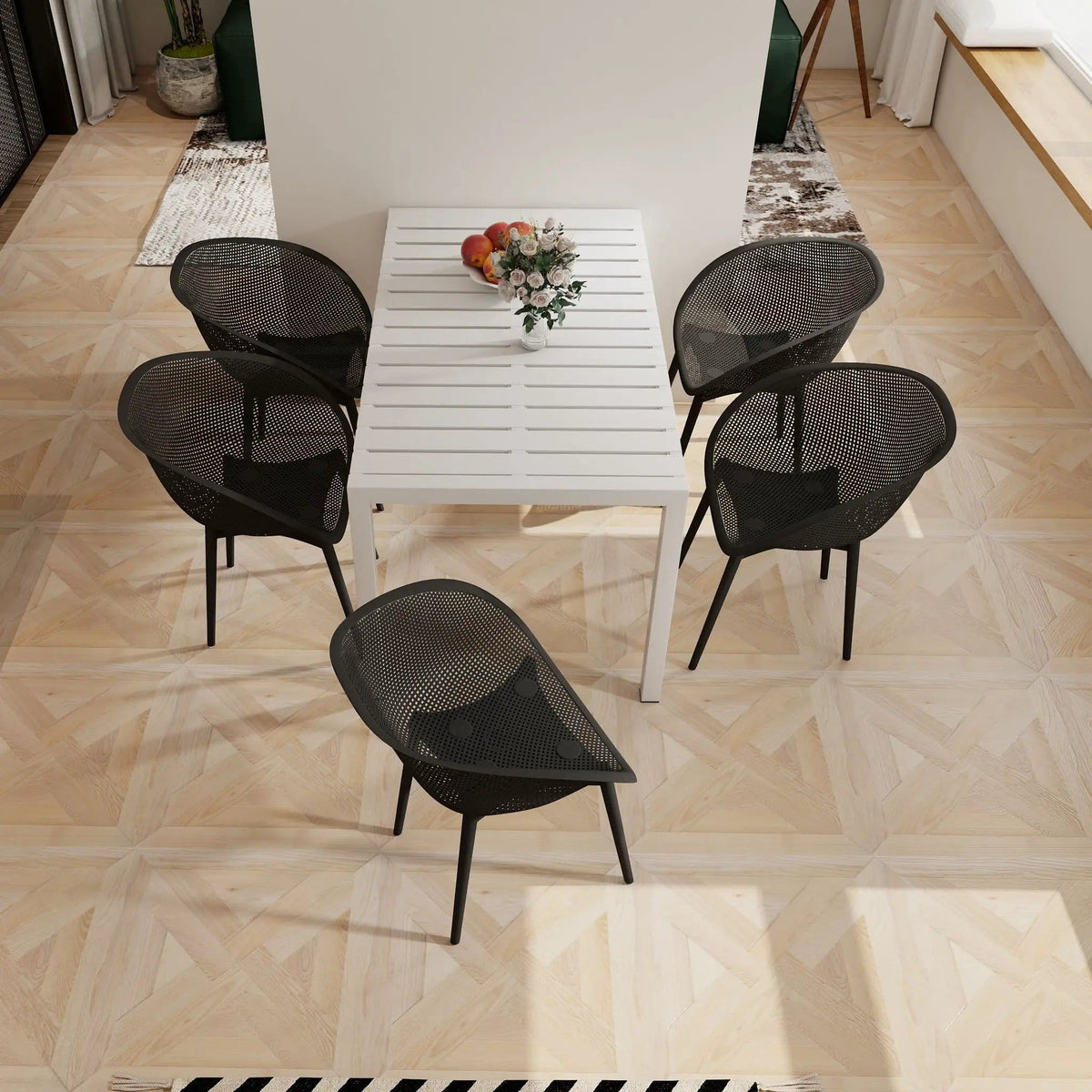 4 Pack Lounge Chair Set With Long Table | 5 Piece Outdoor Set | Metal | Dining Room