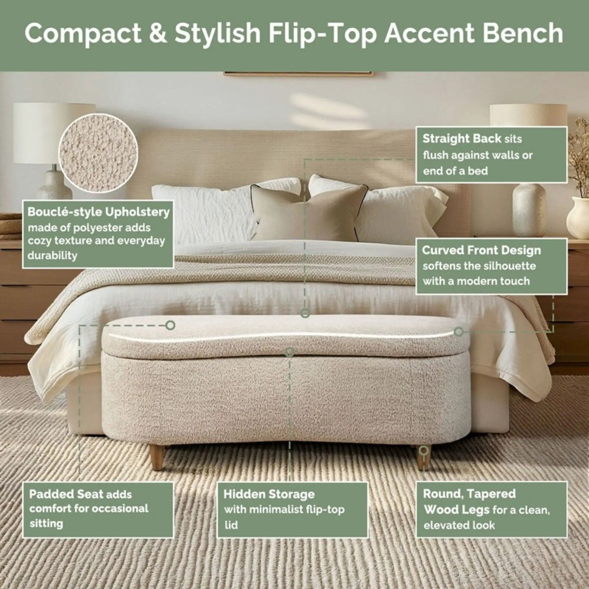 Flip Top Storage Bench | Curved Front Straight Back | Soft Close Hinges | 48 Inch Width