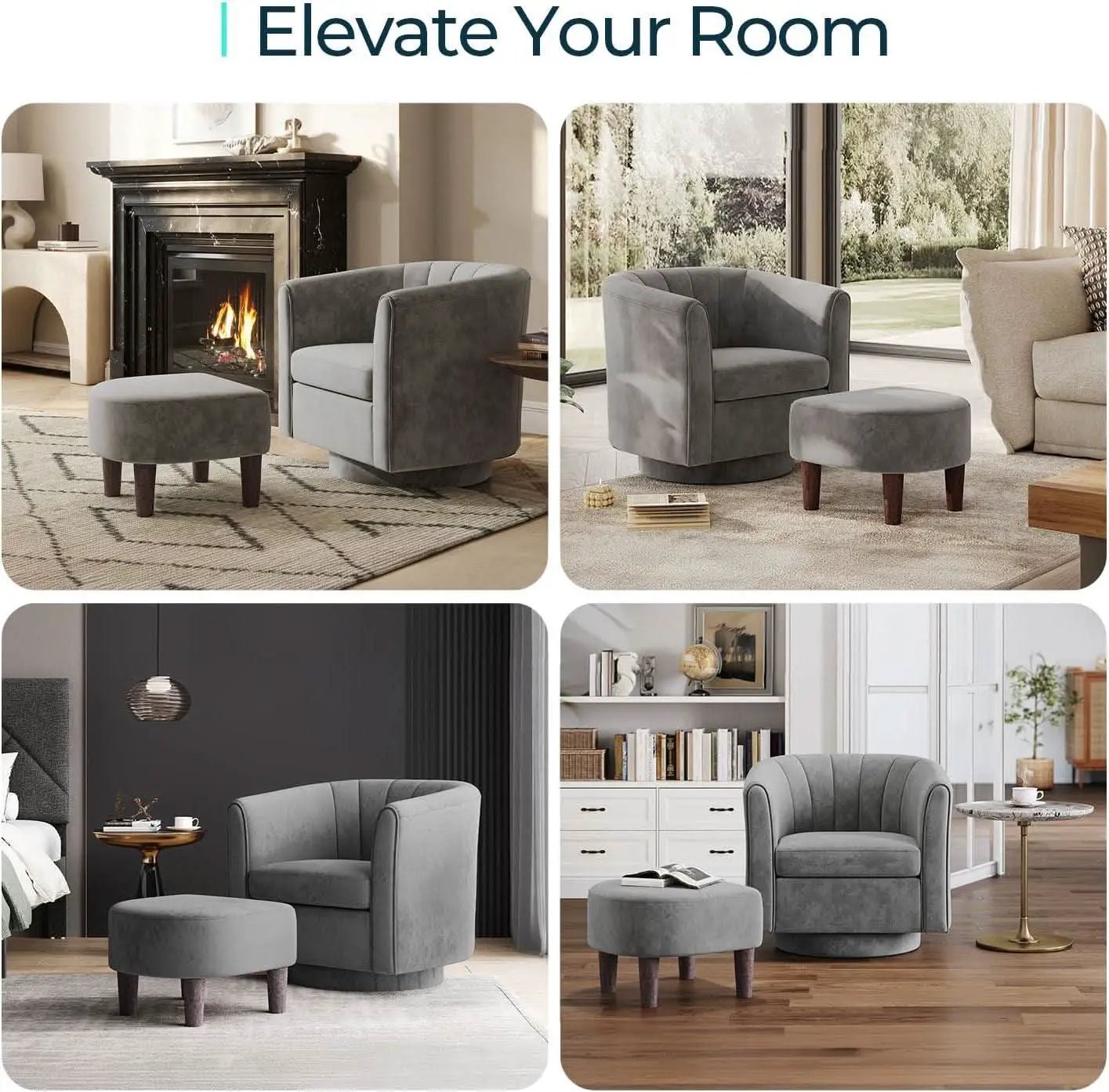 Grey Velvet 360 Swivel Armchair For Small Spaces Modern from PriceLows™