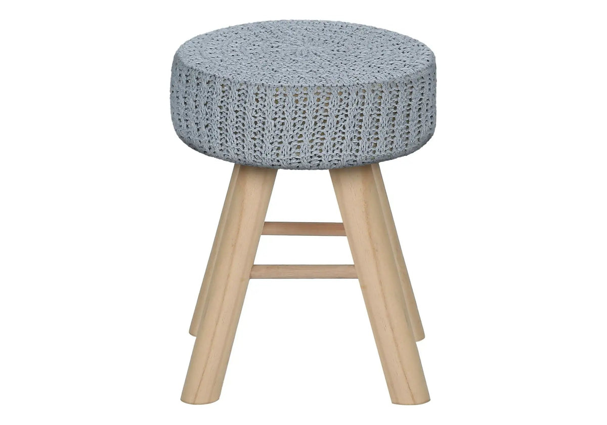 Round Ottoman Pouf | Padded Knit Seat | Natural Wood Legs | Contemporary Style