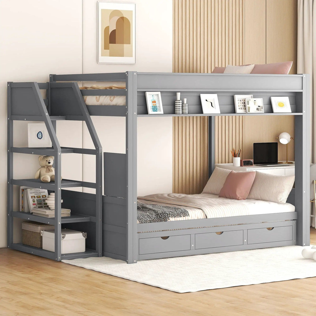 Wood Full Size Convertible Bunk Bed With Storage Staircase, Bedside Table, And 3 | 96.5 x 59.8 x 62.1 in | Pine Wood & Mdf | Gray