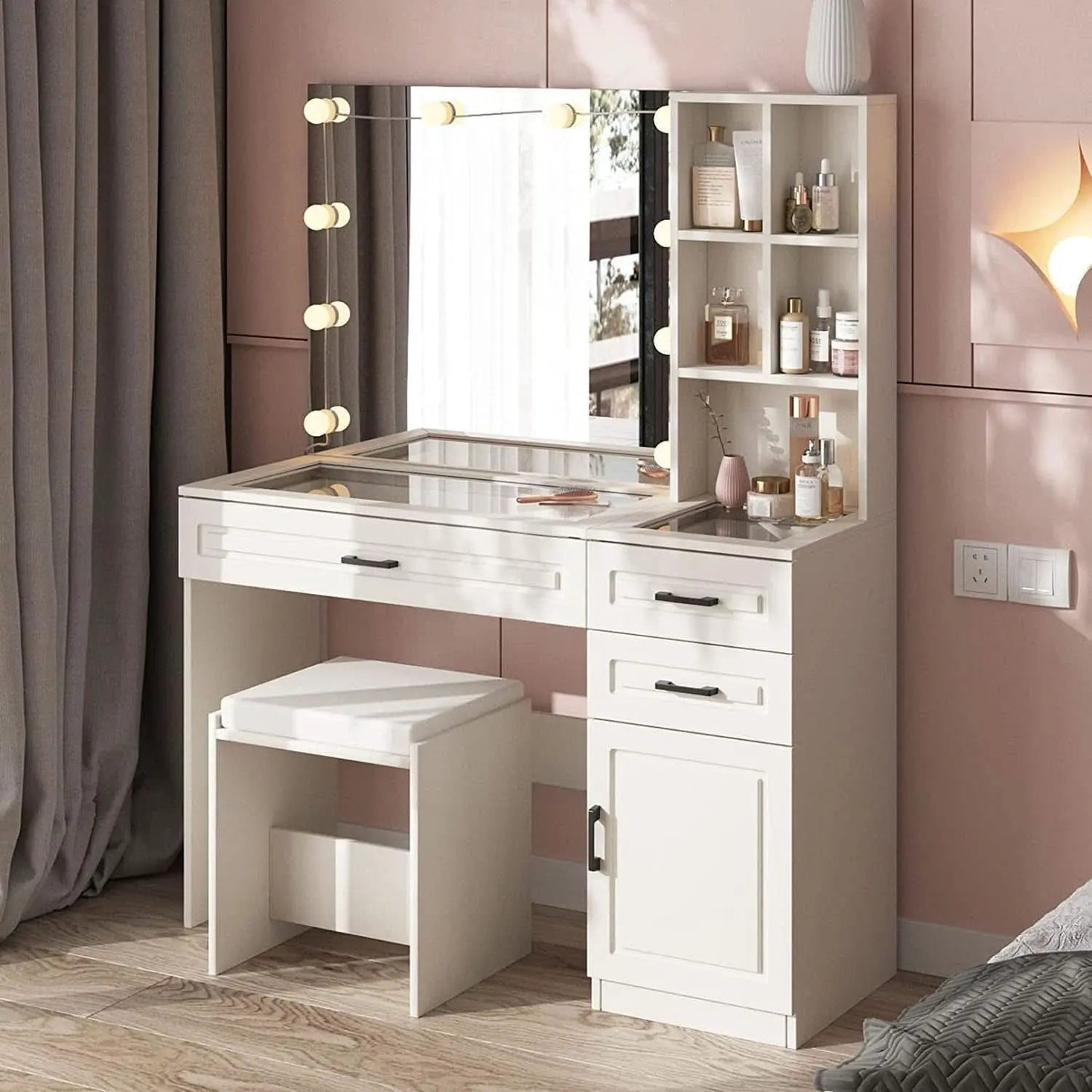 White Vanity Table Set With Glass Top Hollywood Mirror from PriceLows™