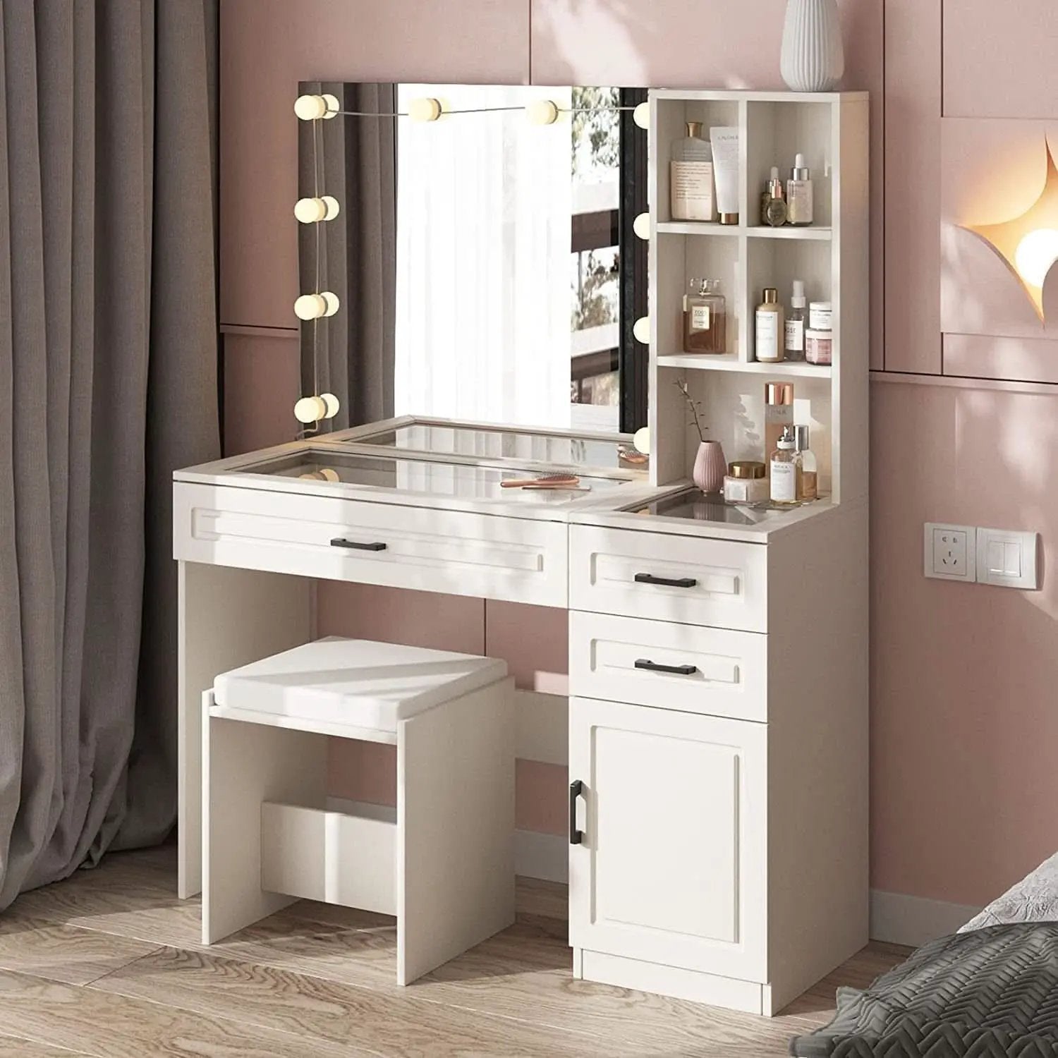 White Vanity Table Set With Glass Top Hollywood Mirror from PriceLows™