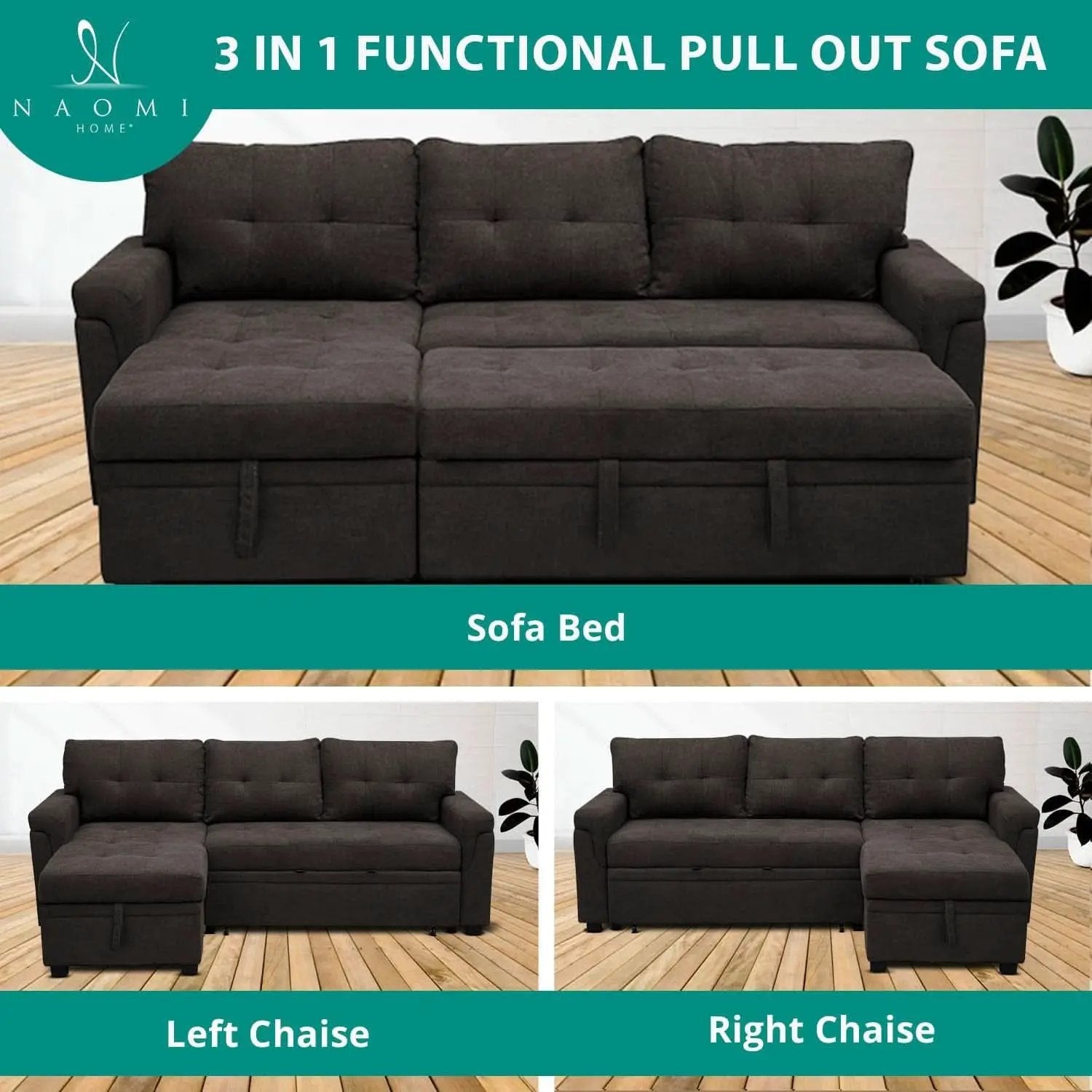 Espresso Velvet Sleeper Sectional Sofa Bed Chaise Set from PriceLows™