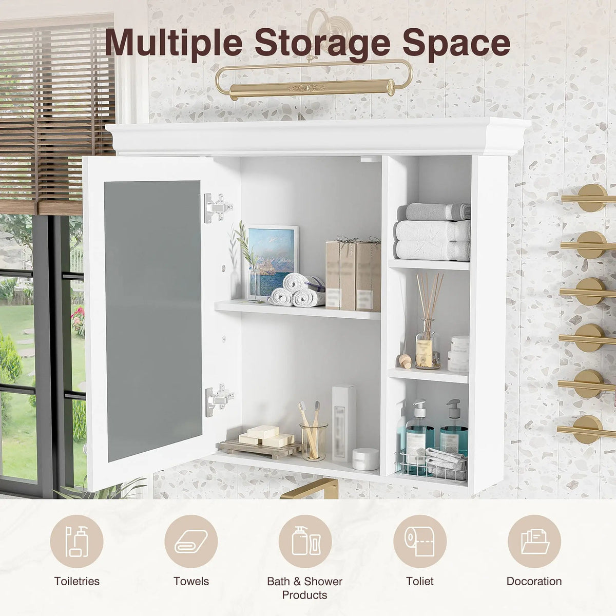 Wall Mounted Bathroom Storage Cabinet | Mirror Door | Silver Metal Handles | Open Shelves
