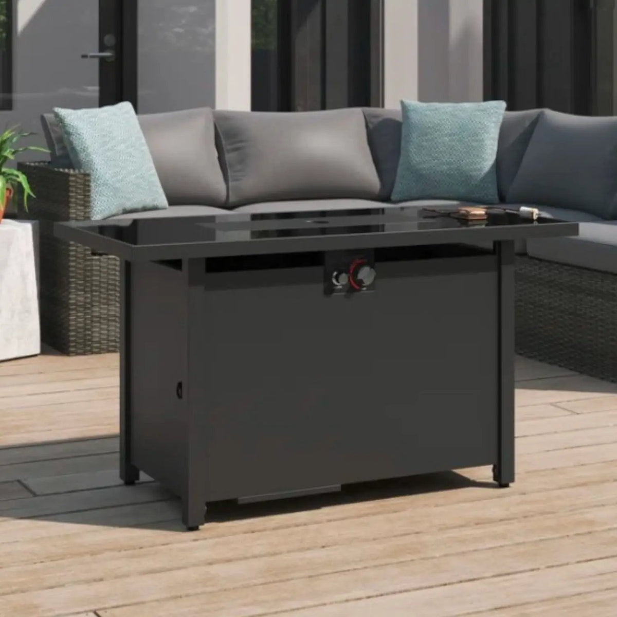 Dark Gray Fire Pit Table | Stainless Steel Top | Lava Rocks | Propane Or Natural Gas