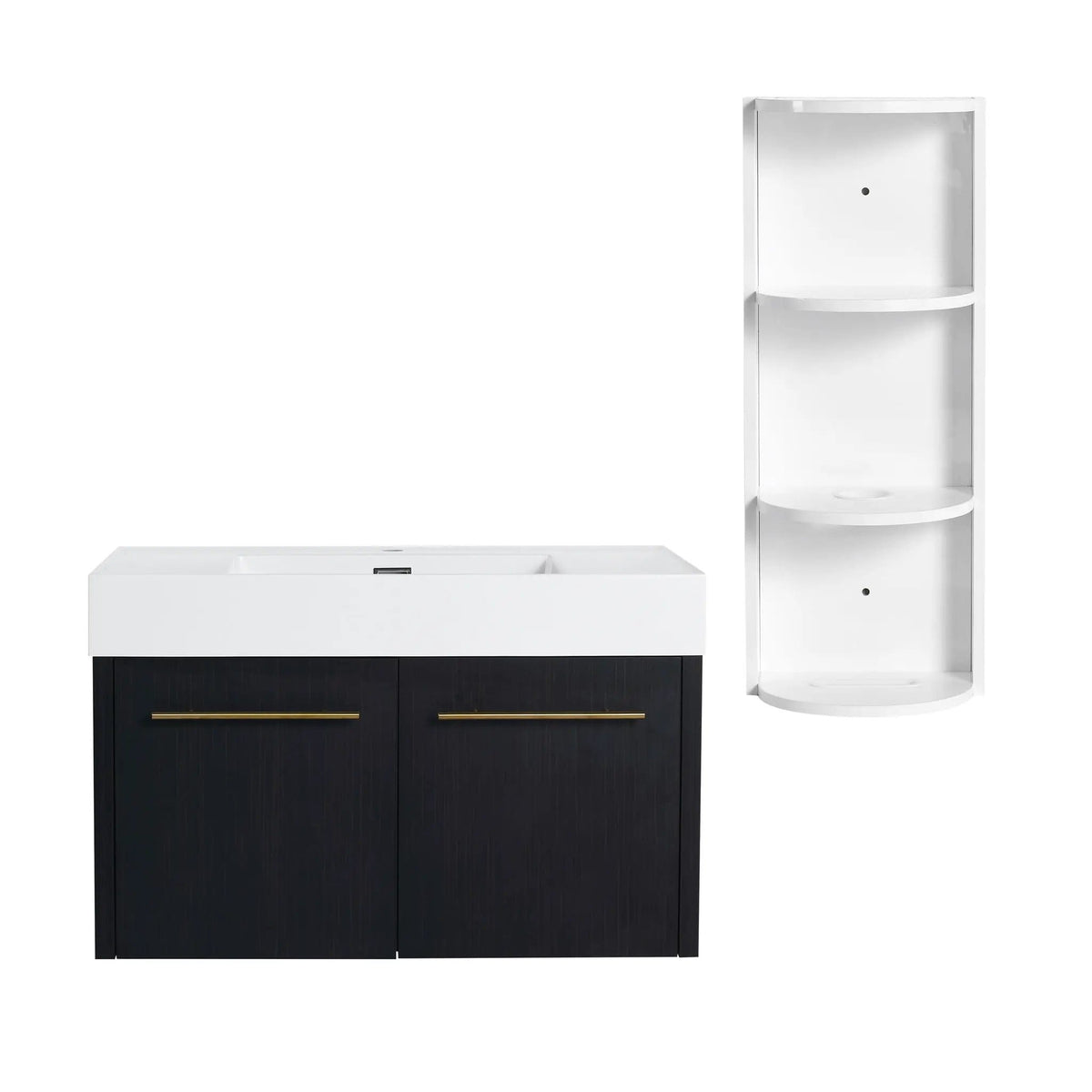 Modern Wall Mounted Bathroom Vanity With Thick Edge Resin Sink And Storage Rack | 3 Pieces | Stainless Steel & Plywood | Bathroom