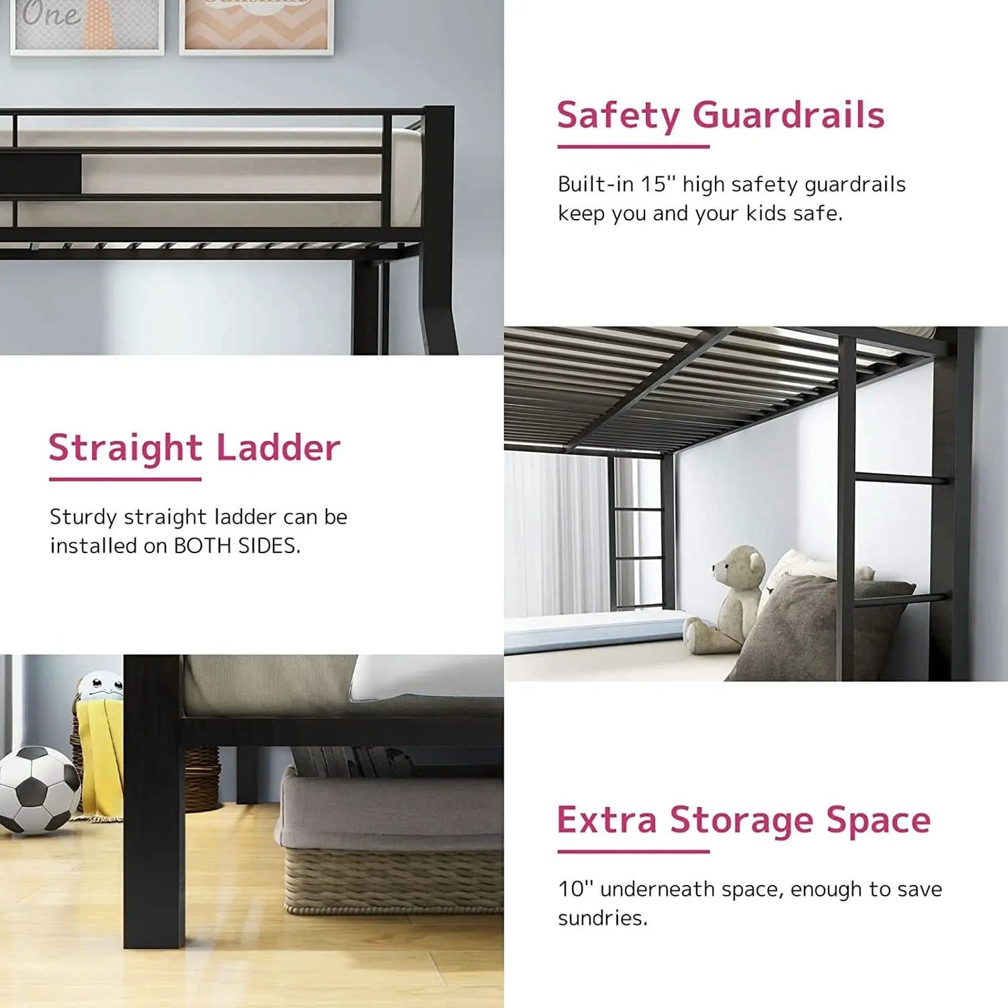 Twin XL Queen Bunk Bed In Sandy Black Finish Metal Slats from PriceLows™