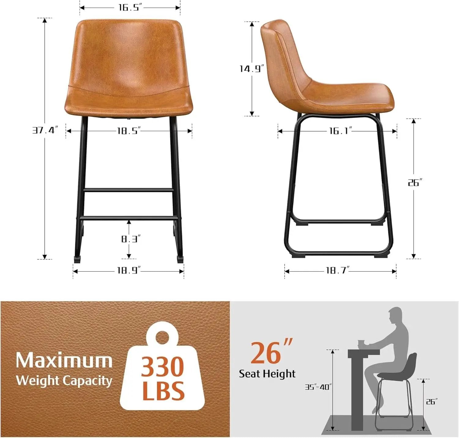 Bar Stools Set Of 4 26 Inch Brown PU Leather Counter Height from PriceLows™