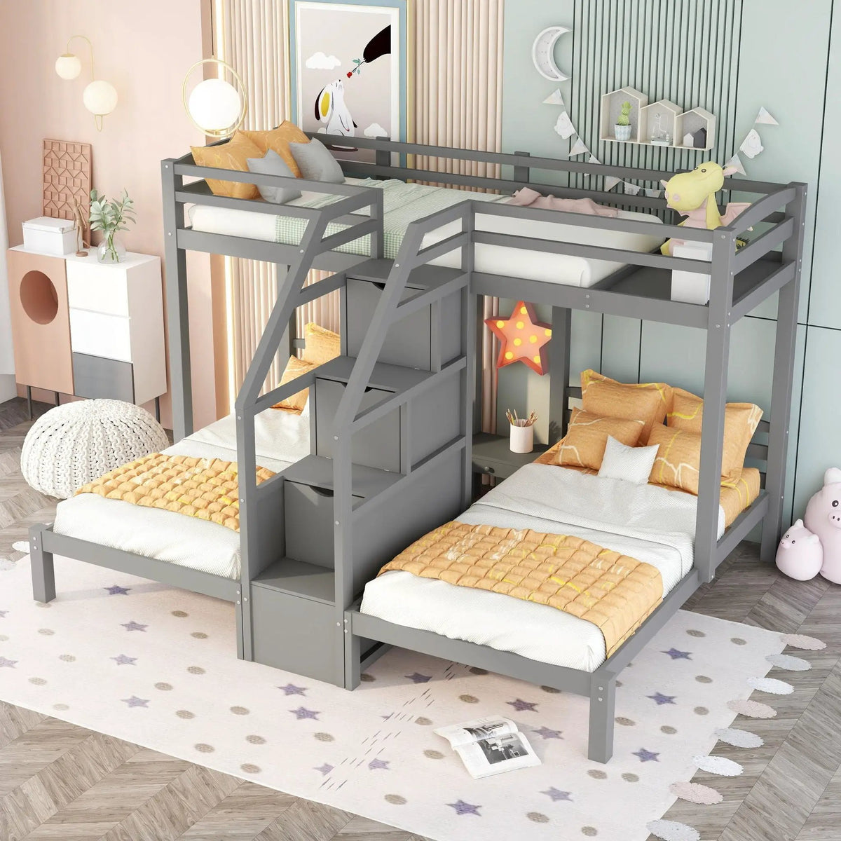 Twin Over Twin Bunk Bed | Built-In Staircase With Drawers | Upper Storage Shelf | Gray