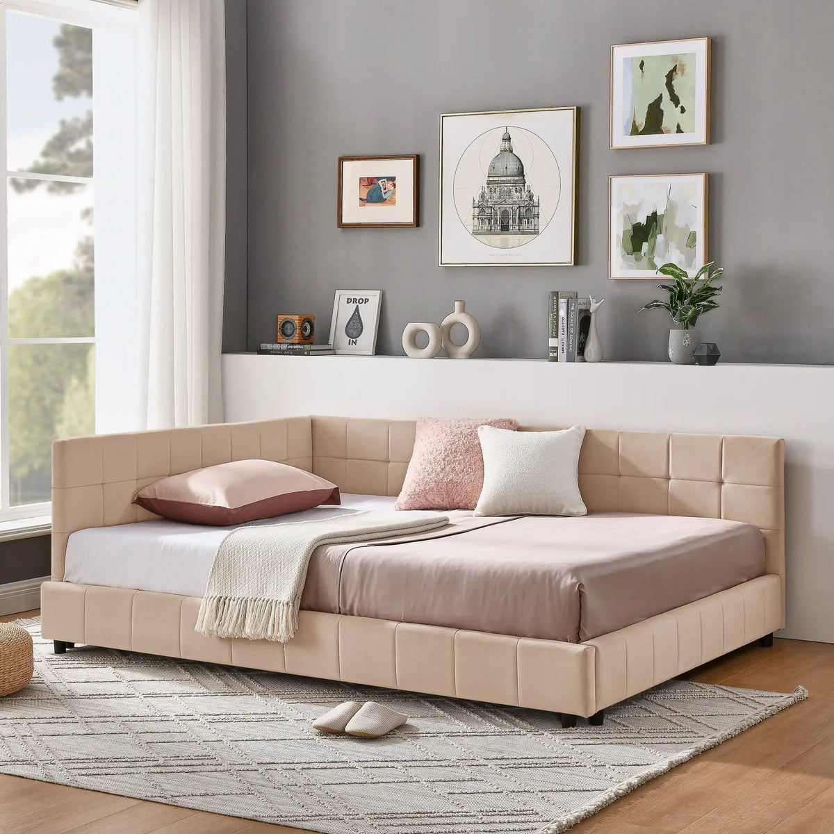 Mid-Century Storage Bed Frame | Upholstered Tufted Design | Backrest And Armrests | Bed Or Sofa Use