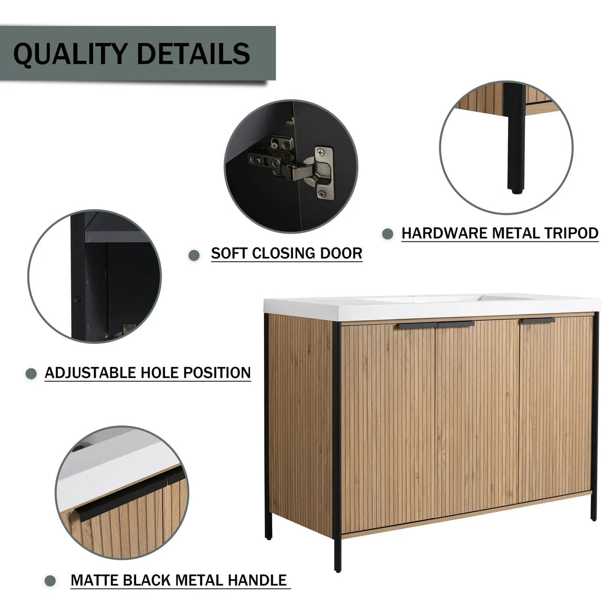 Modern Freestanding Bathroom Vanity With Resin Sink & Soft Close Cabinet Doors | 4 Pieces | Metal & Plywood | Bathroom