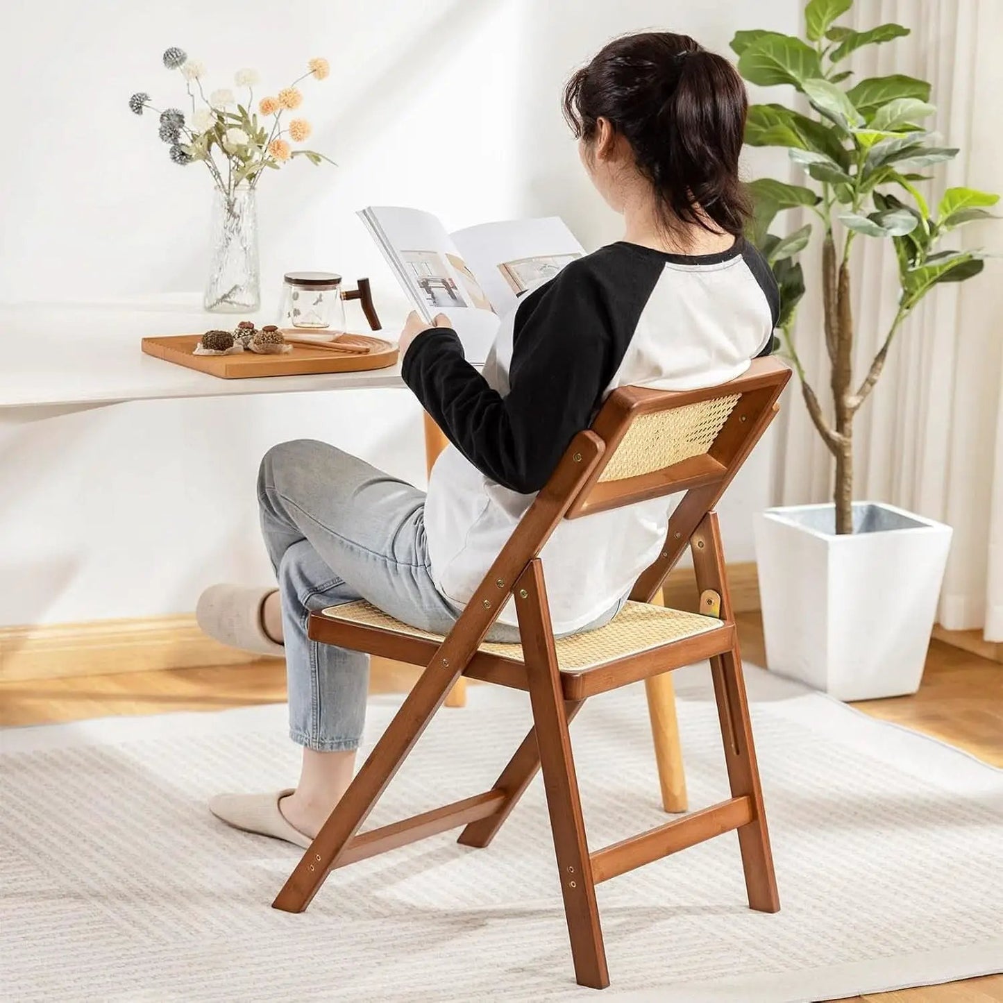 Rattan Folding Dining Chairs Set Of 2 Walnut Indoor Outdoor from PriceLows™