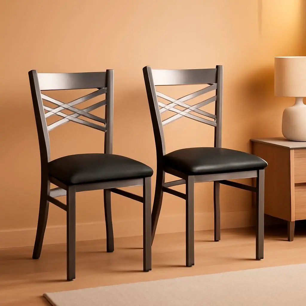 Two Pack Hercules Series Clear Coated X Back Metal Restaurant Chair Black Vinyl Seat from PriceLows™
