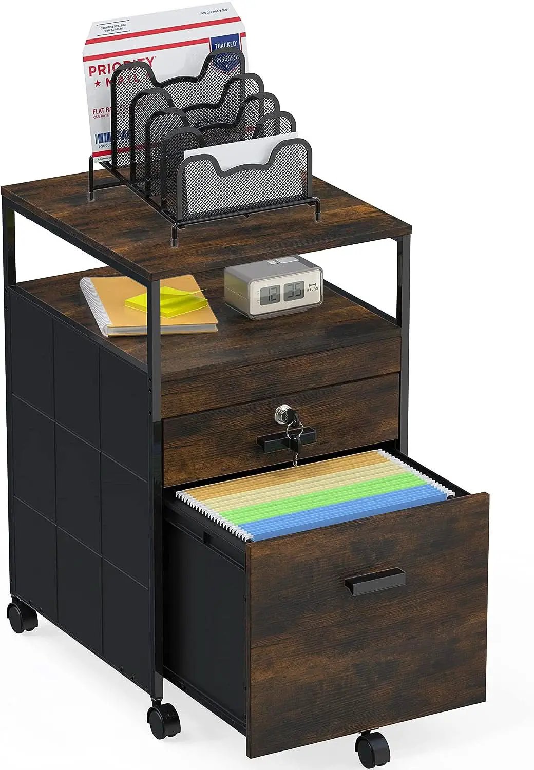 Rolling Mobile File Cabinet Drawers Open Shelf Rustic Brown from PriceLows™