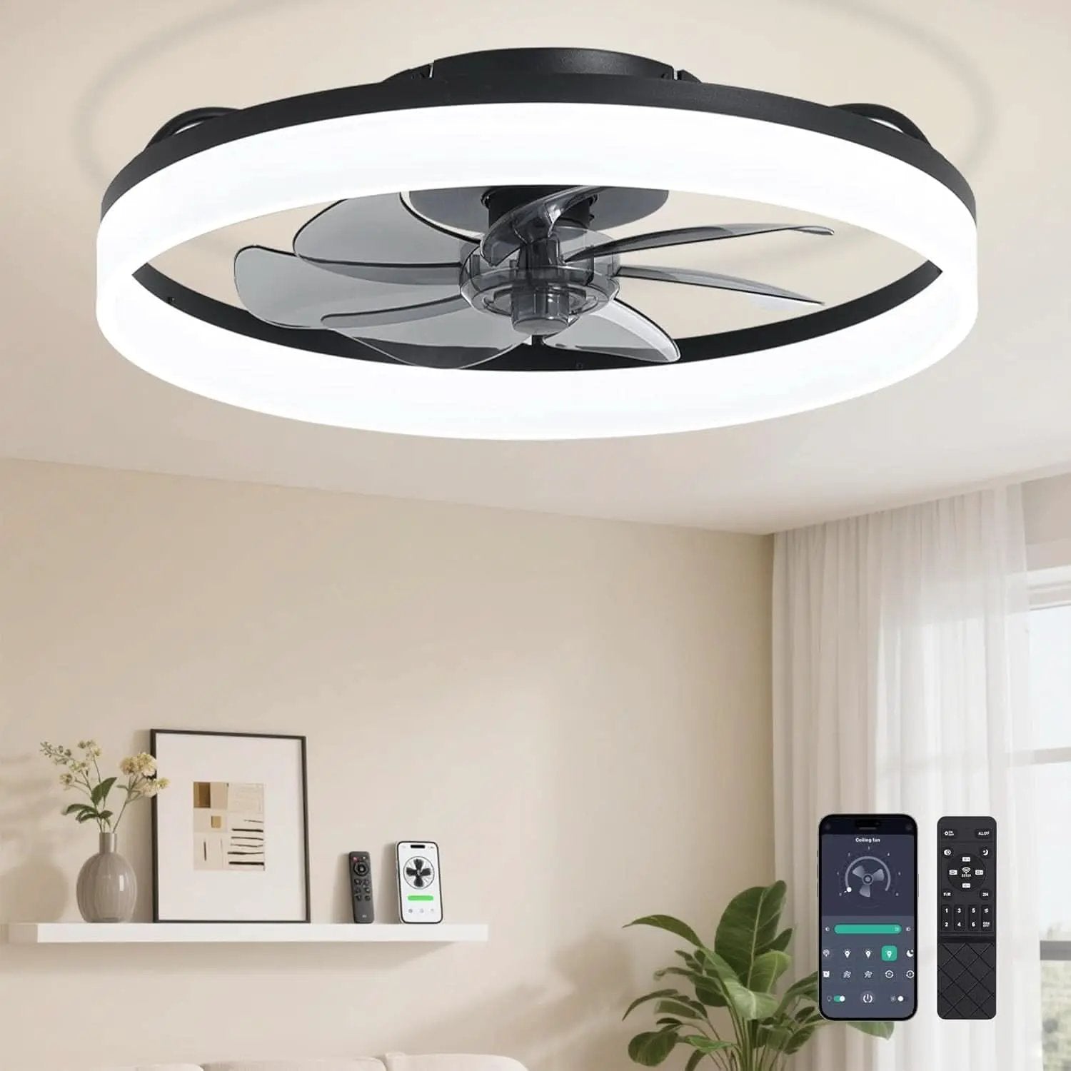 20 Inch Ceiling Fan With Remote DC Motor Black Finish Low Profile Energy Efficient With Dimmable LED Light from PriceLows™