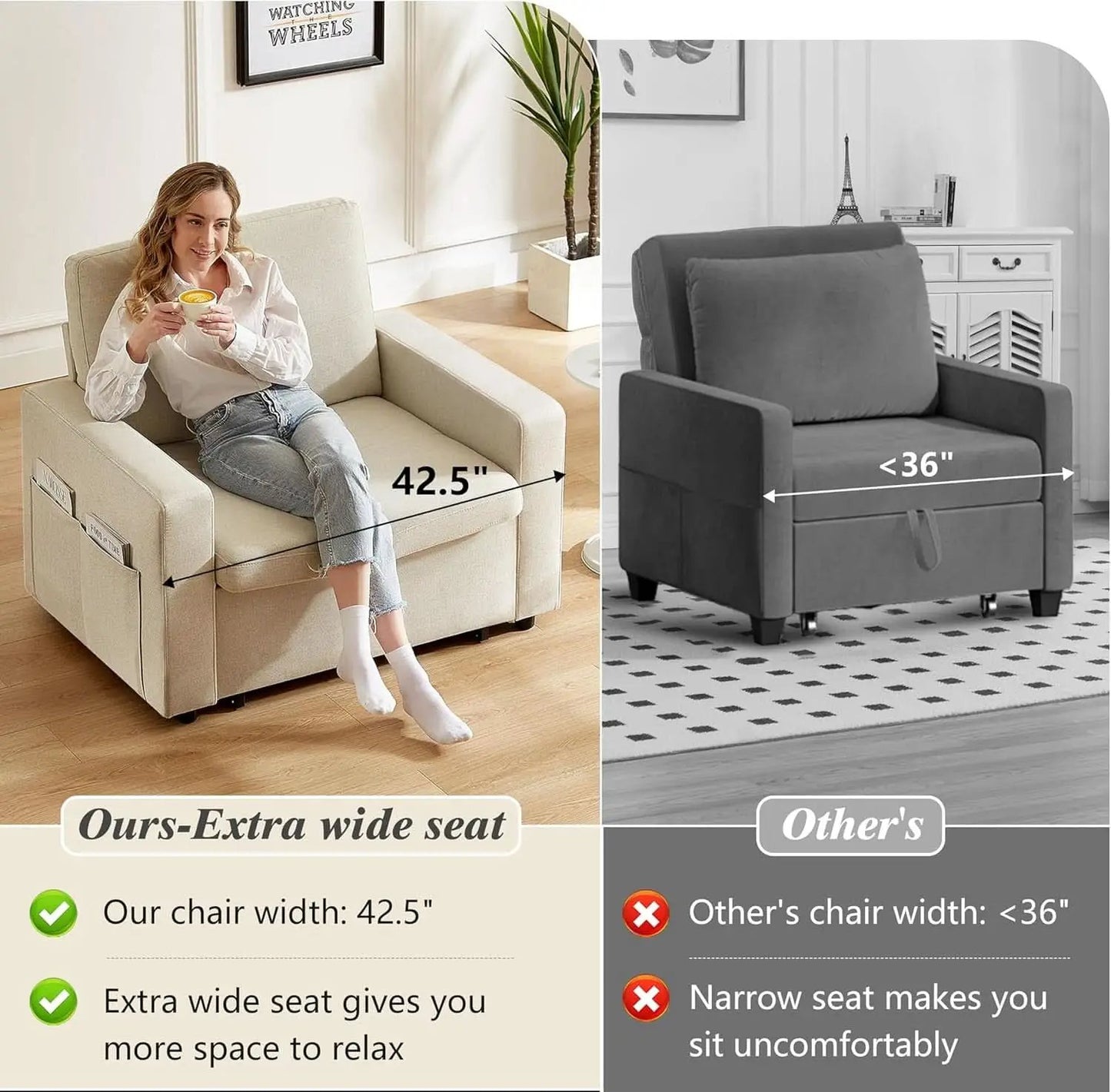 Forty Two Point Five Inch Sleeper Chair Bed Beige Convertible Sofa Bed from PriceLows™
