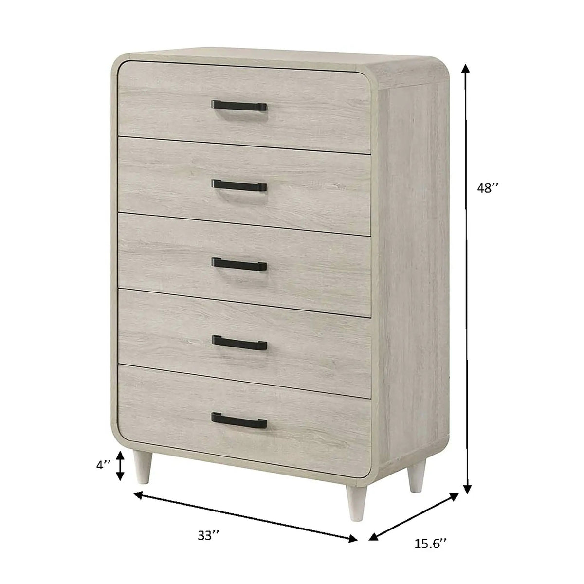 5 Drawer Tall Chest | Antique White Finish | Rounded Edges | Contemporary Style