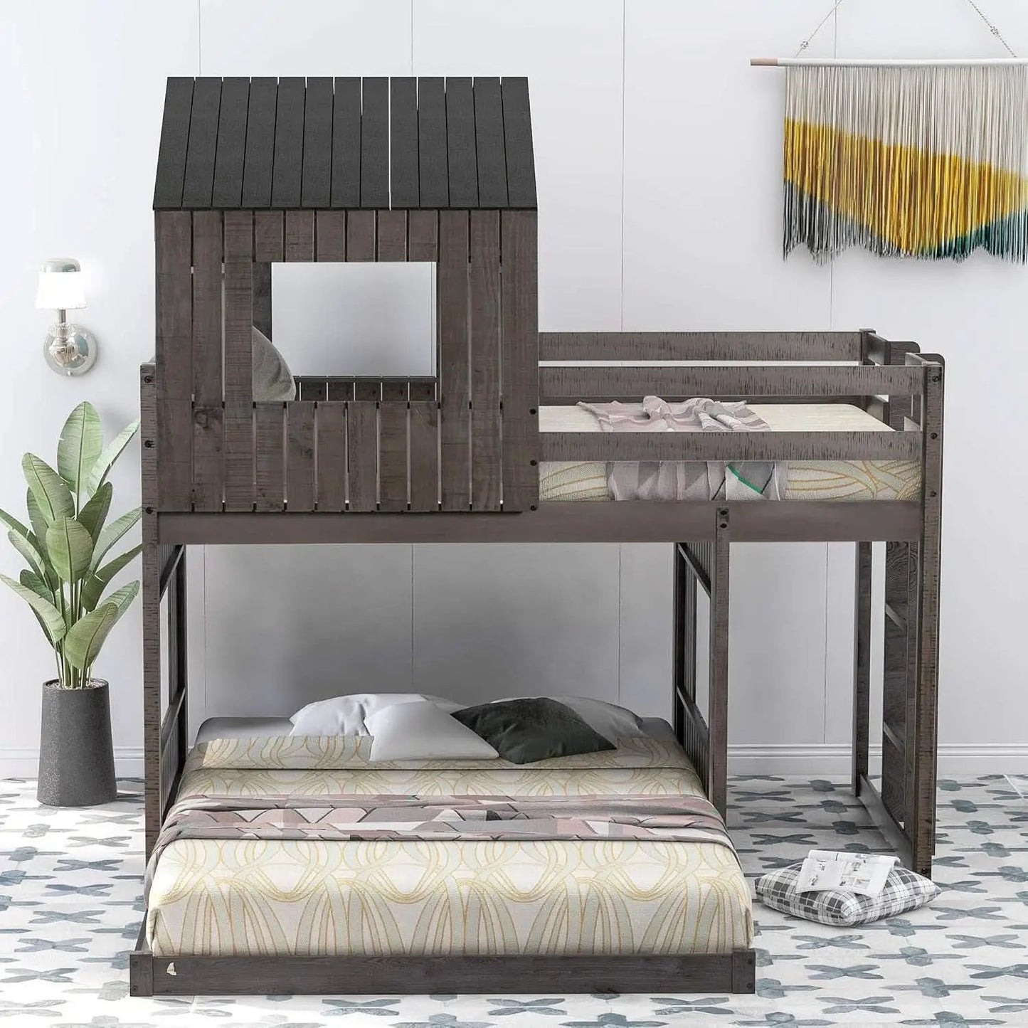 House Bunk Beds Twin Over Full Wood Distressed Grey from PriceLows™